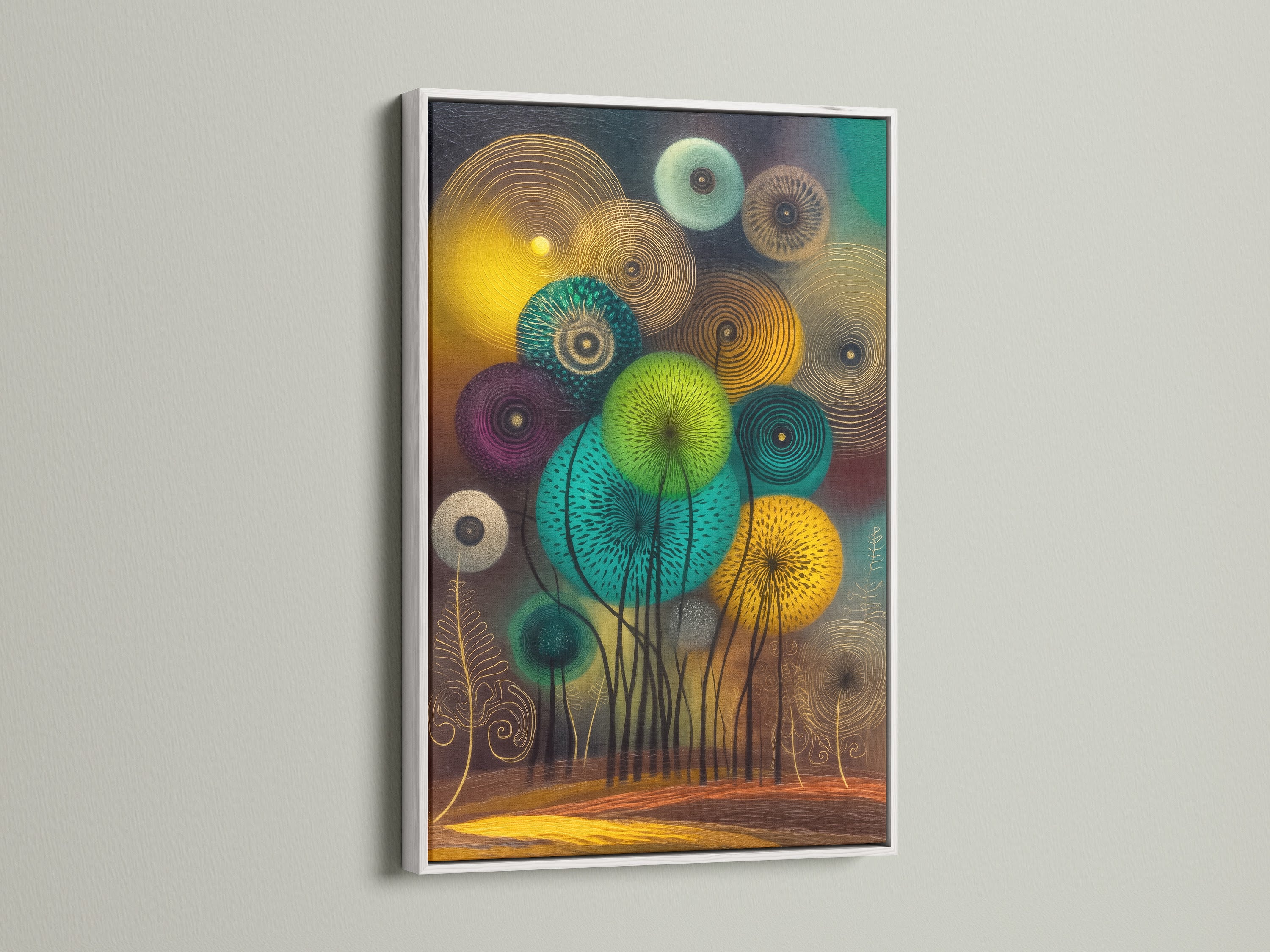 Here is a white frame enhancing an abstract floral artwork. The teal and gold botanical wall art adds a fresh touch. Elevate your space with this modern art print. Perfect for clinics cafes and boardrooms. This flower canvas suits minimalist or scandi decor.