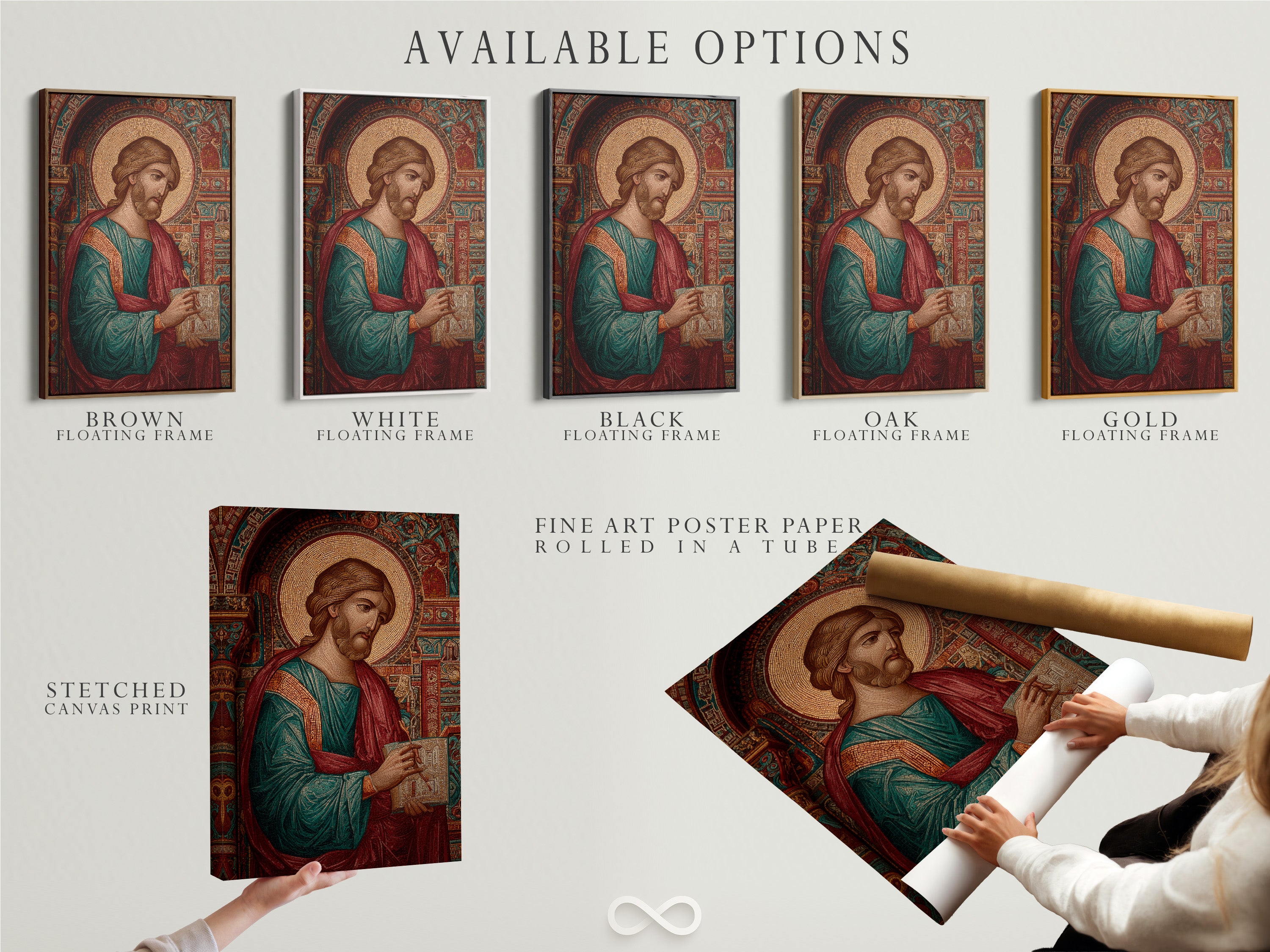 Available options are displayed: stretched canvas print fine art poster paper and floating frame. Choose the perfect medium and framing style. Customize your art to match your taste. Explore the art options.
