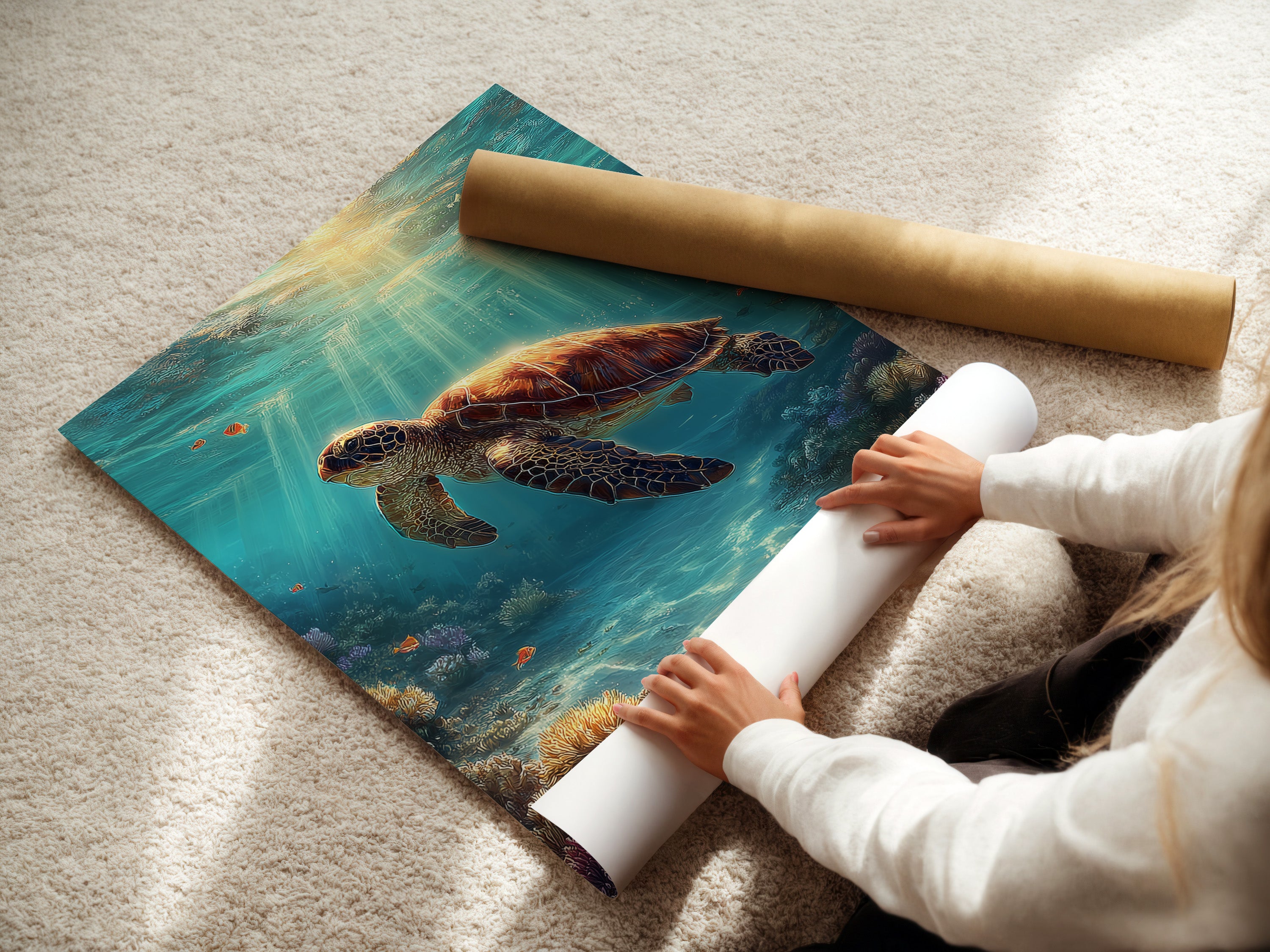 A woman is carefully rolling a fine art poster paper. The paper features beautiful sea turtle artwork. This highlights the care in delivering high-quality marine life prints. These posters are perfect for any ocean art enthusiast.