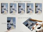 Available options for lighthouse artwork are displayed. Choose from stretched canvas print fine art poster paper or floating frame. Each option enhances the nautical artwork. Find the perfect fit for your decor.