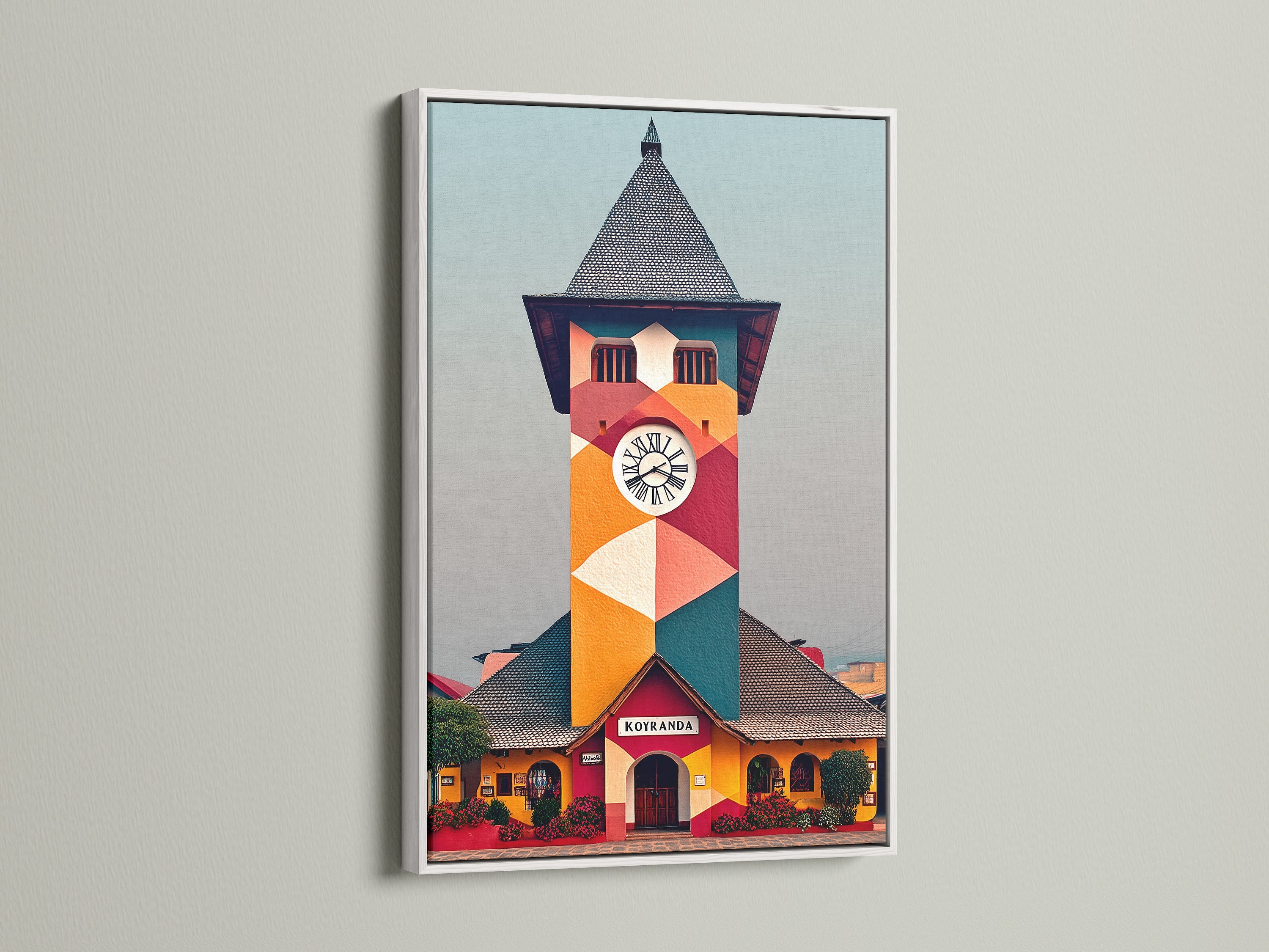This colorful architecture artwork of a clock tower is displayed in a clean white frame. The geometric print stands out creating a focal point. Ideal for office wall decor this vintage building artwork brings a modern twist. A stunning piece of building painting.