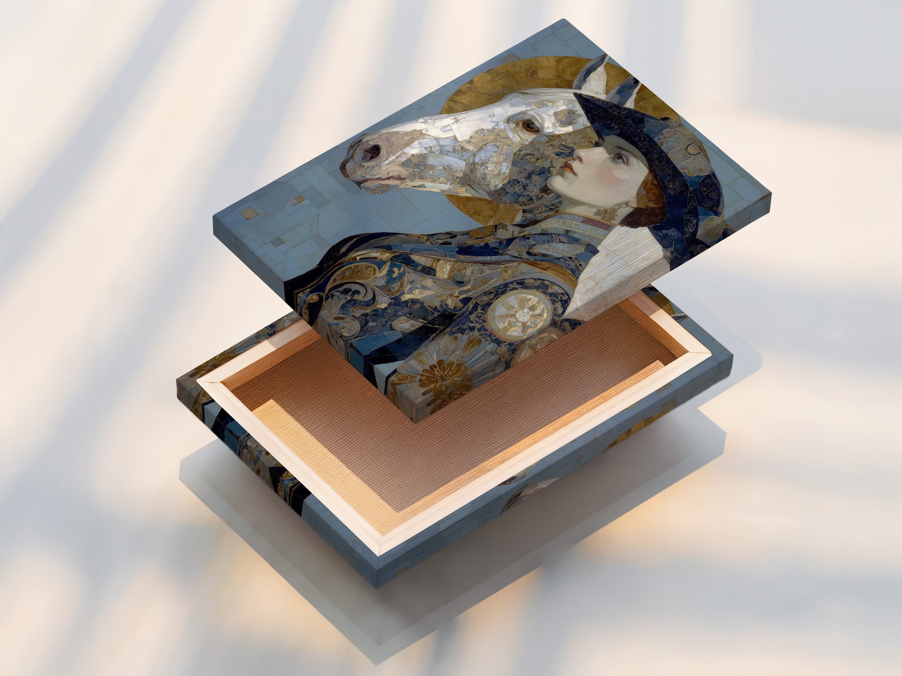 A stretched canvas print displays the Art Nouveau Woman artwork vividly. The artwork features a vintage portrait of a woman and horse in blue and gold. This stretched canvas is ready to hang and transform your space. It is ideal for adding a touch of vintage elegance to your living room or bedroom.