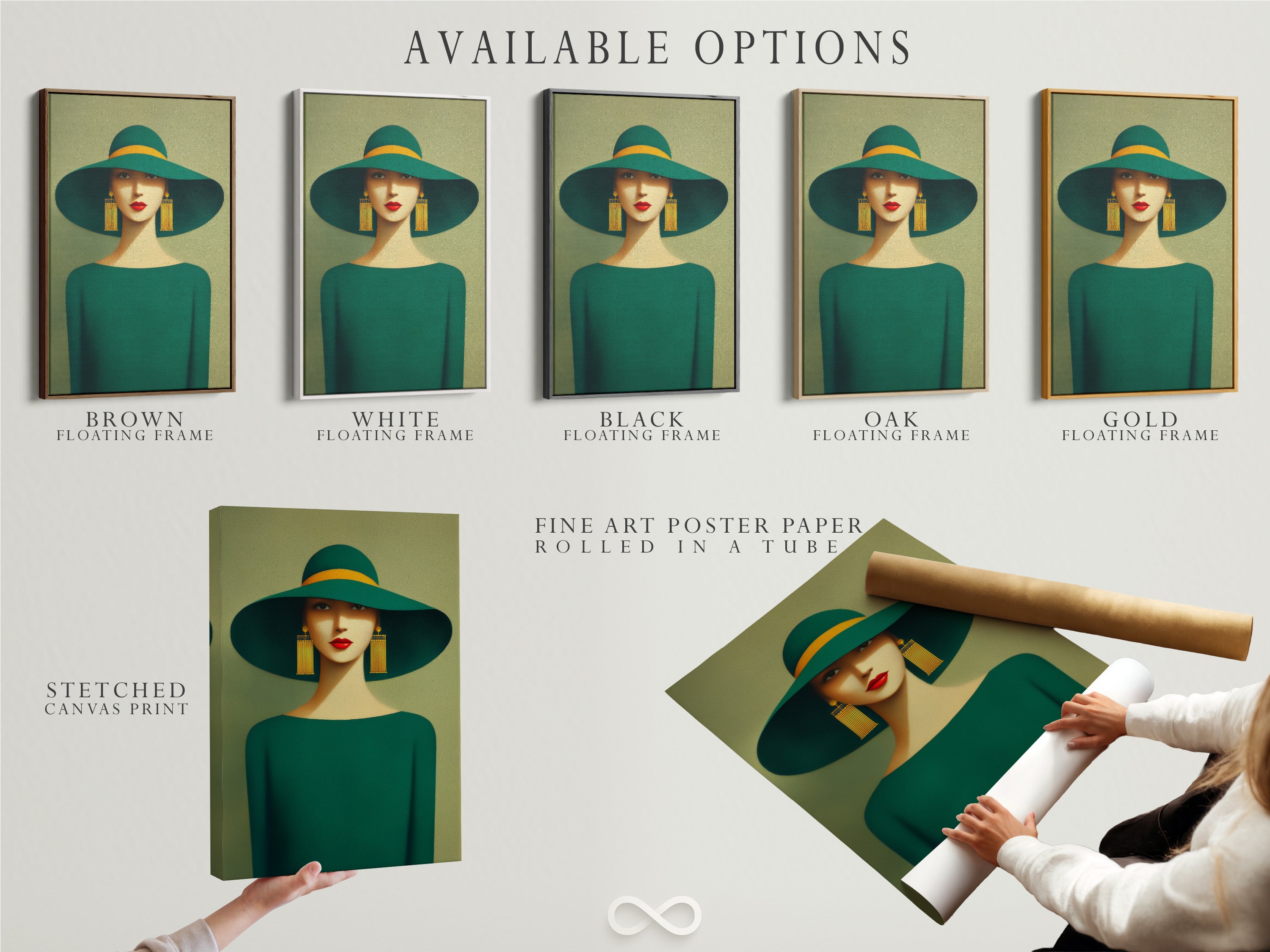 Available options for the elegant woman portrait artwork are shown. Choose from a stretched canvas print fine art poster paper or a floating frame. Select the option that best suits your style and decor needs.