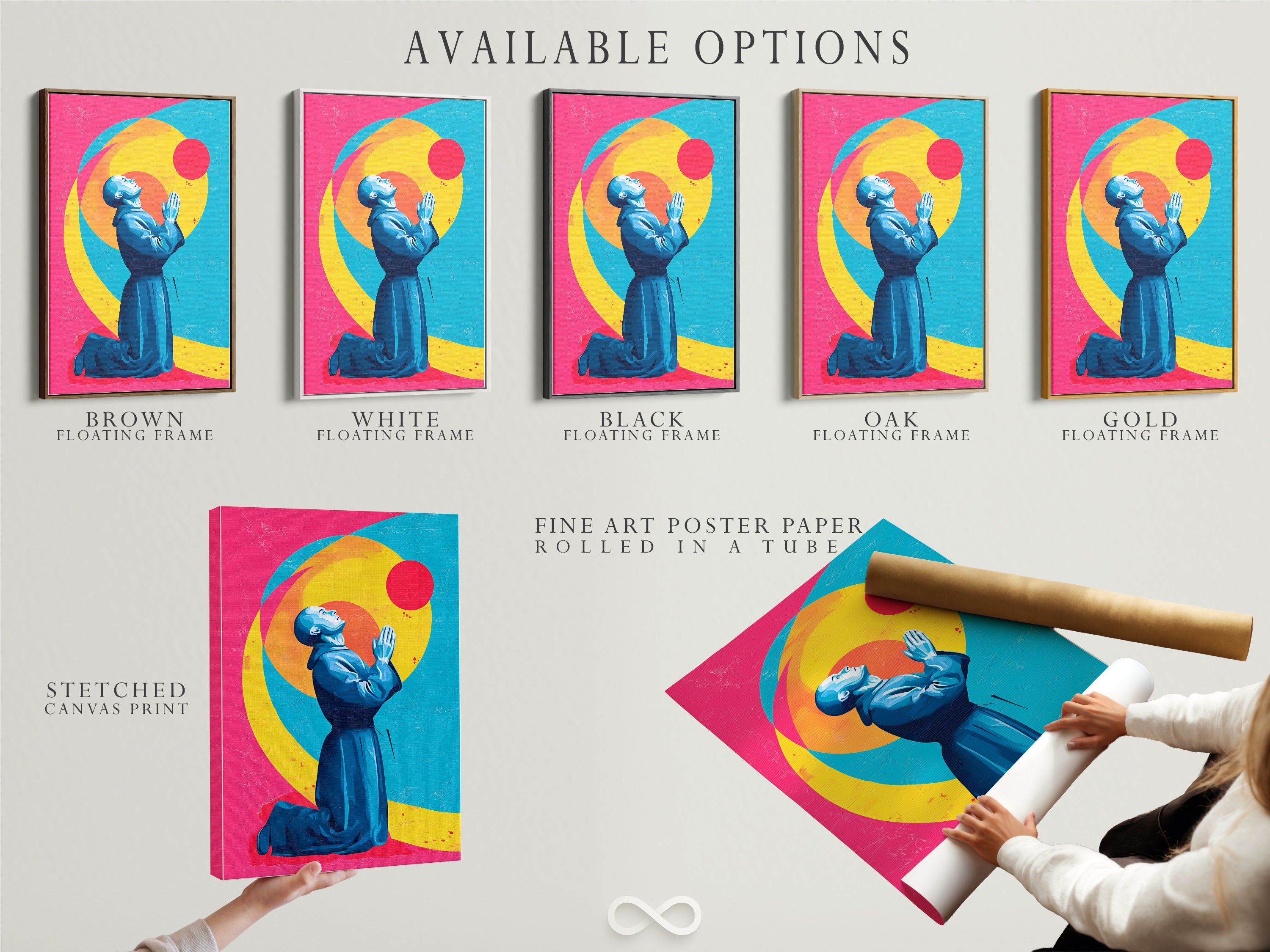 Available options for the Praying Figure artwork. Choose between a stretched canvas print fine art poster paper or a floating frame. Religious art that suits any decor. Teal blue and pink colors create a modern look.