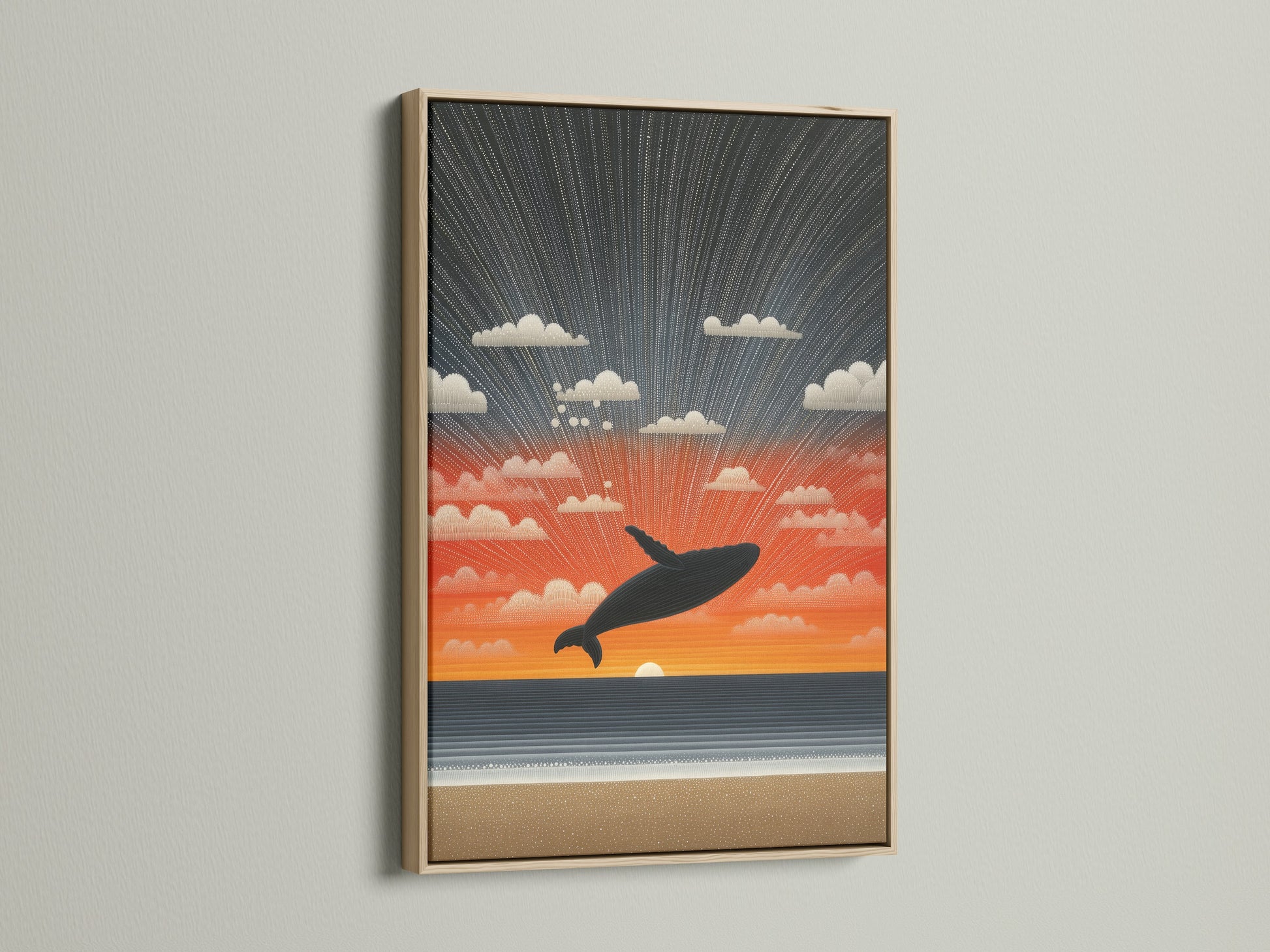 Whale Sunset beach wall artwork in an oak frame. The oak frame provides a natural and warm touch. This frame enhances the coastal aesthetic. It makes a great addition to any room.