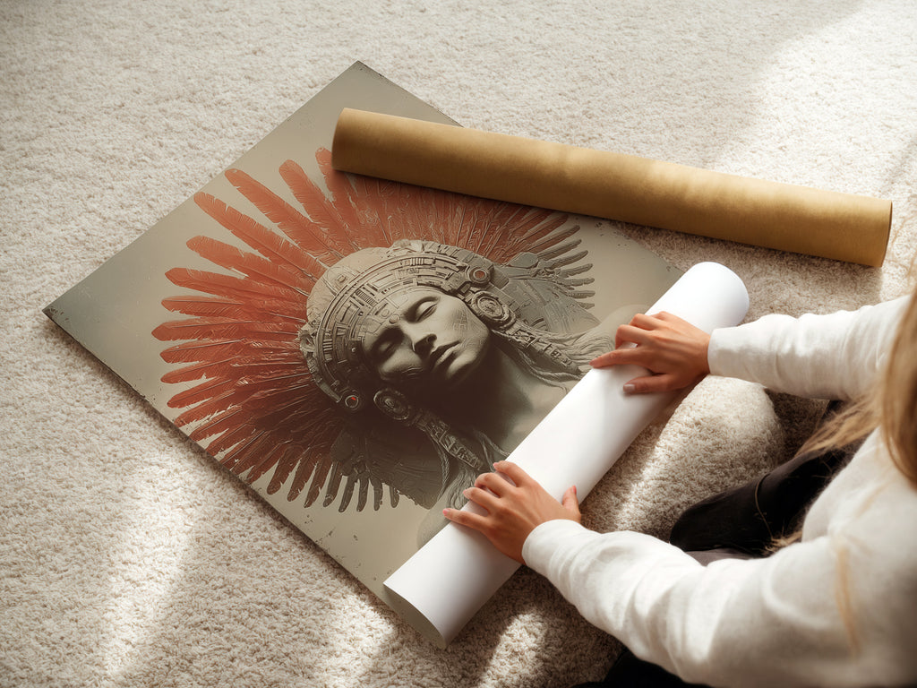 A woman is carefully rolling a fine art poster paper. The paper features high-quality artwork. Her attention to detail ensures perfect preservation. The artwork features an indigenous person with red feathers and a temple. Discover the beauty of fine art prints.