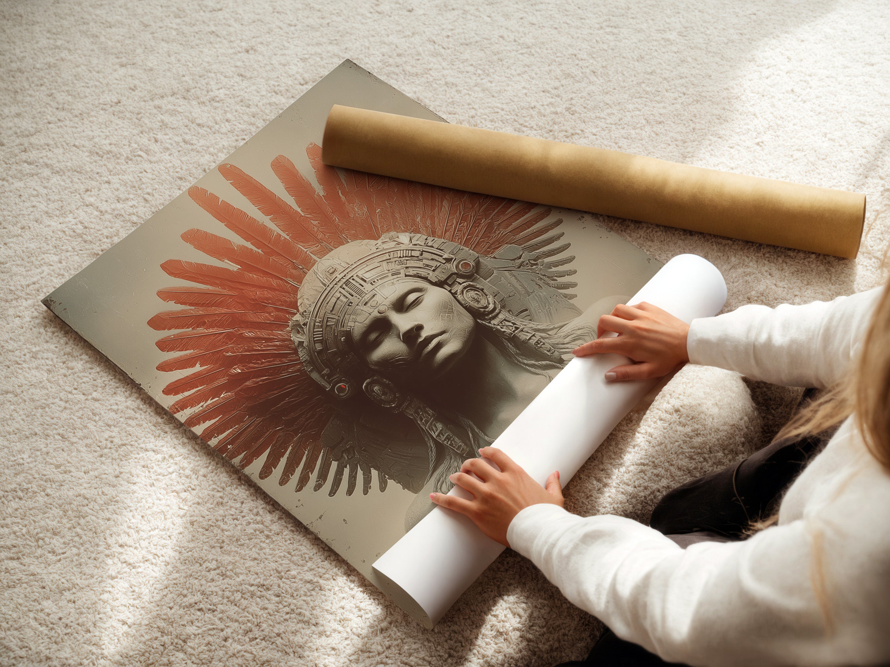 A woman is carefully rolling a fine art poster paper. The paper features high-quality artwork. Her attention to detail ensures perfect preservation. The artwork features an indigenous person with red feathers and a temple. Discover the beauty of fine art prints.