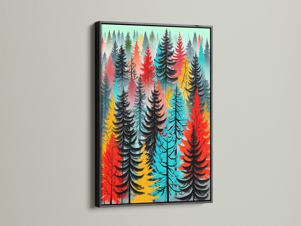 Colorful forest artwork in a black frame. This modern artwork adds a sophisticated touch to any space. The abstract forest print features vibrant red turquoise and black trees. This tree wall art complements minimalist decor and creates a striking focal point. Ideal as home office art or living room wall art. It enhances wall decoration.