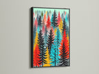 Colorful forest artwork in a black frame. This modern artwork adds a sophisticated touch to any space. The abstract forest print features vibrant red turquoise and black trees. This tree wall art complements minimalist decor and creates a striking focal point. Ideal as home office art or living room wall art. It enhances wall decoration.