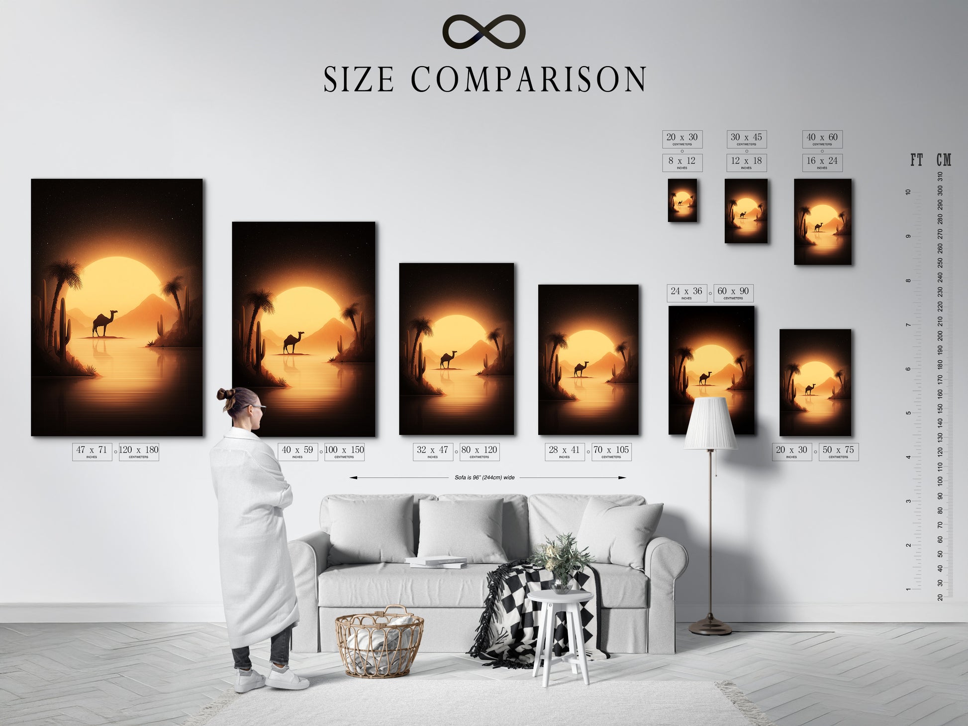 Size comparison chart in an interior setting. The chart illustrates various dimensions for the desert camel artwork. Choose the perfect size for your space and enjoy this beautiful sunset canvas print.