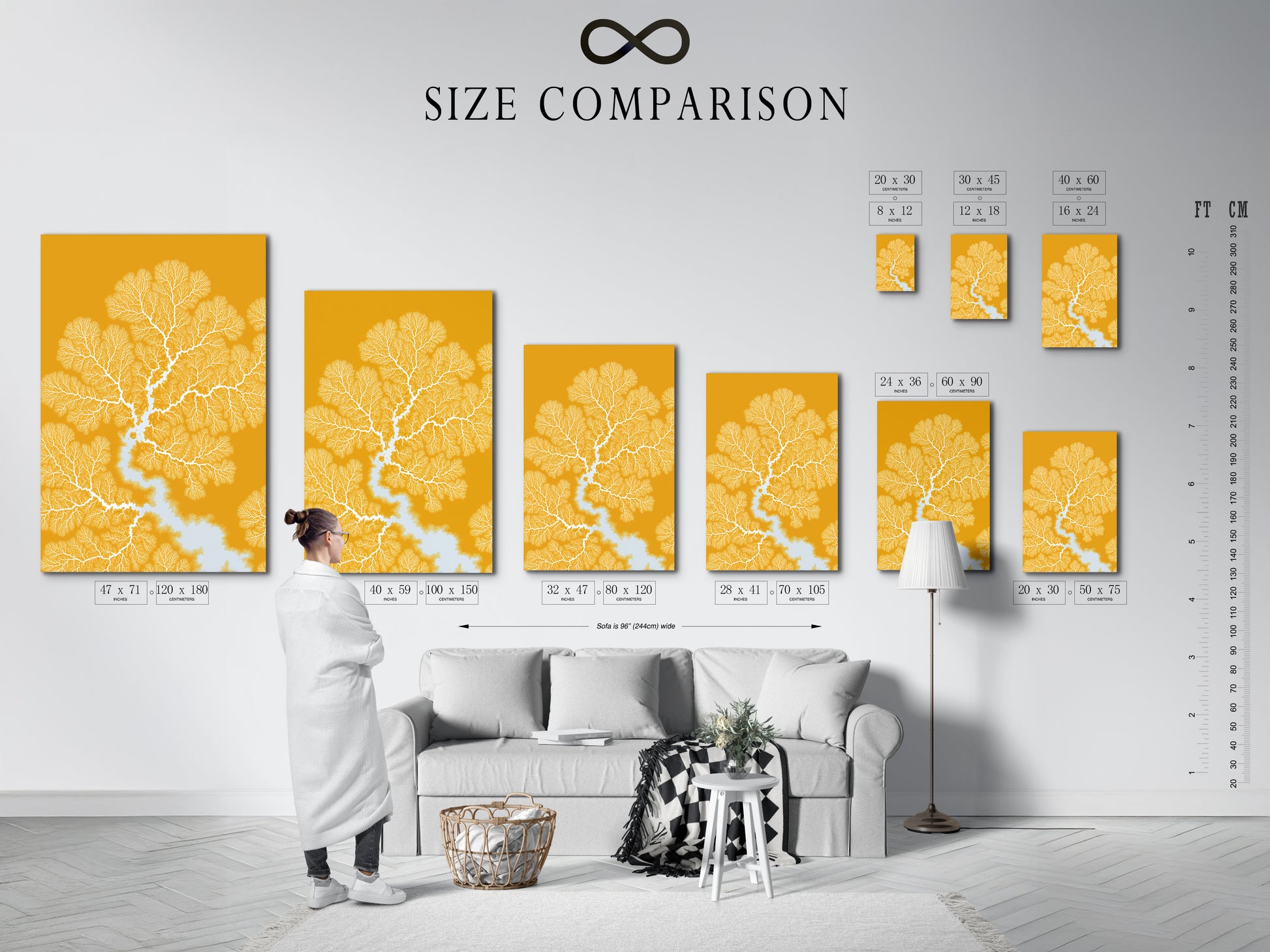 A size comparison chart displayed in an interior setting showcasing various sizes of the Botanical Fractal Print. This mustard yellow artwork with abstract branch art is perfect for homeowners and interior decorators.