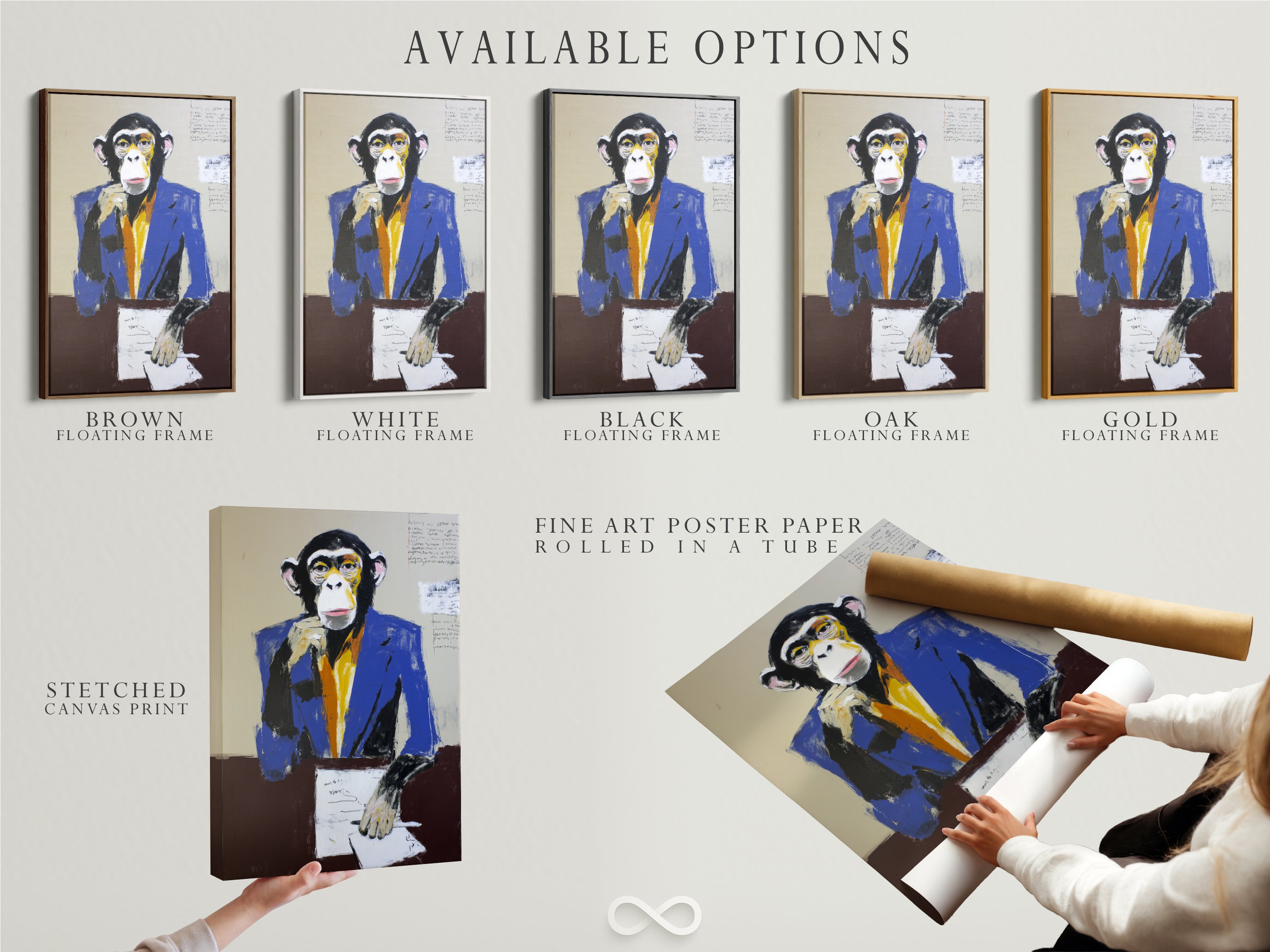 Available options are showcased including a stretched canvas print fine art poster paper and floating frame. Select the perfect format for your business monkey artwork. Customize your office wall decor with these versatile options. Find the ideal style for your workspace.