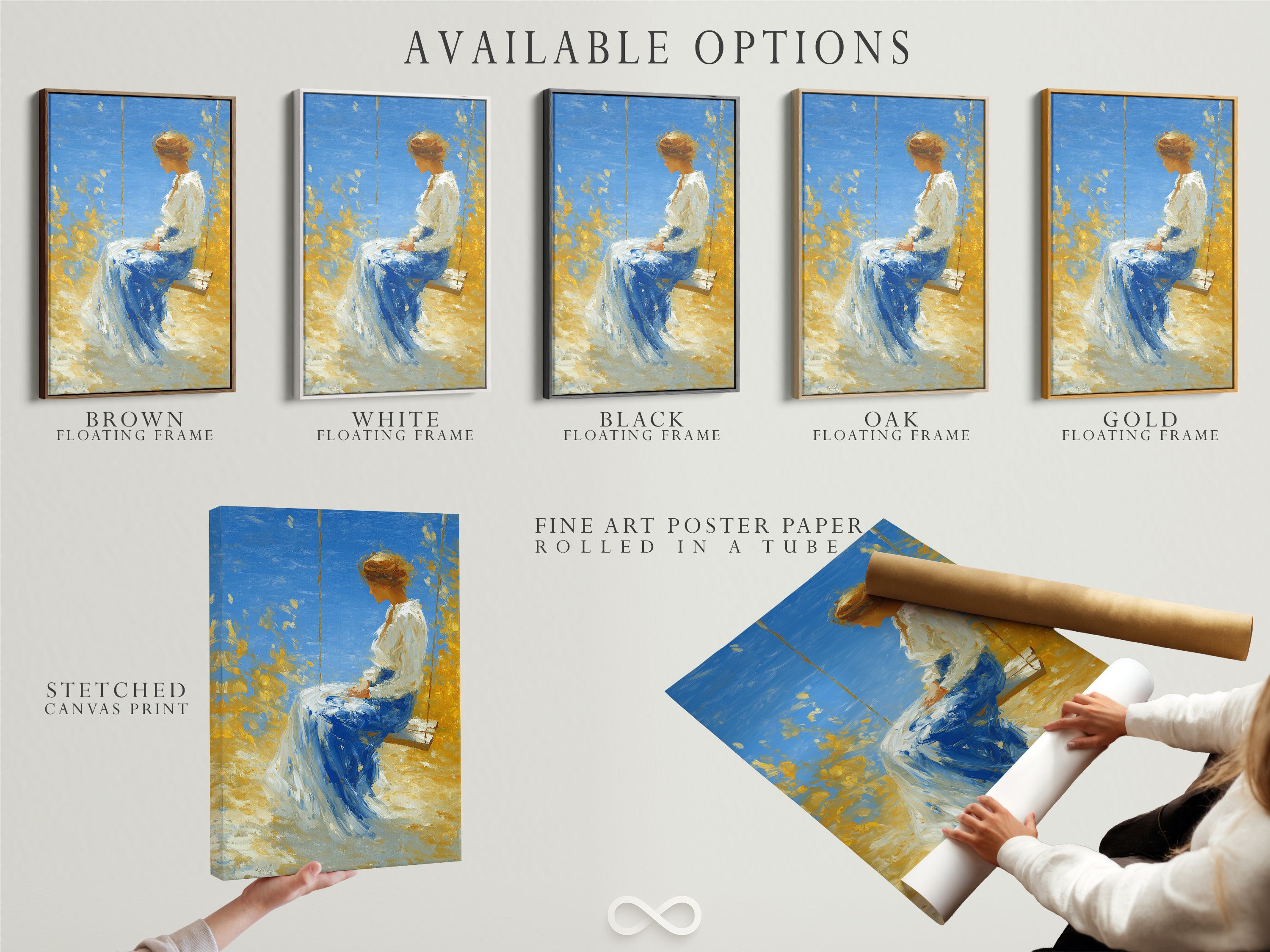 Available options are displayed including stretched canvas print fine art poster paper and floating frame. Choose the perfect option for your artwork. Each option enhances the art in its own unique way. Customize your artwork.