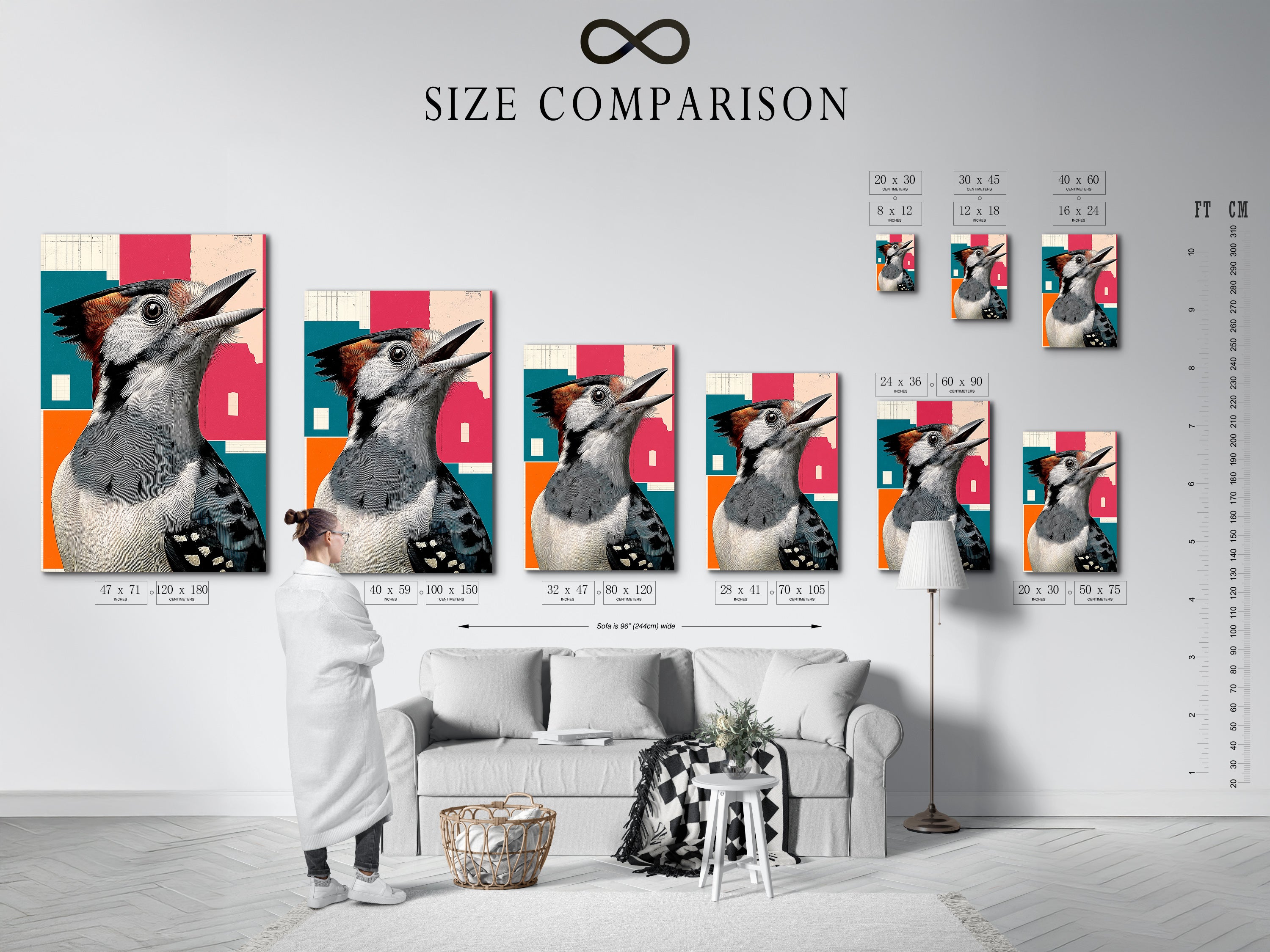 Size comparison chart in interior of a retro Woodpecker bird artwork. Geometric style gives study room and office a touch of nature. Bird canvas art is perfect for birdwatching gift. Colorful wall art for avian art print and bird lover gift. Perfect for home offices libraries.