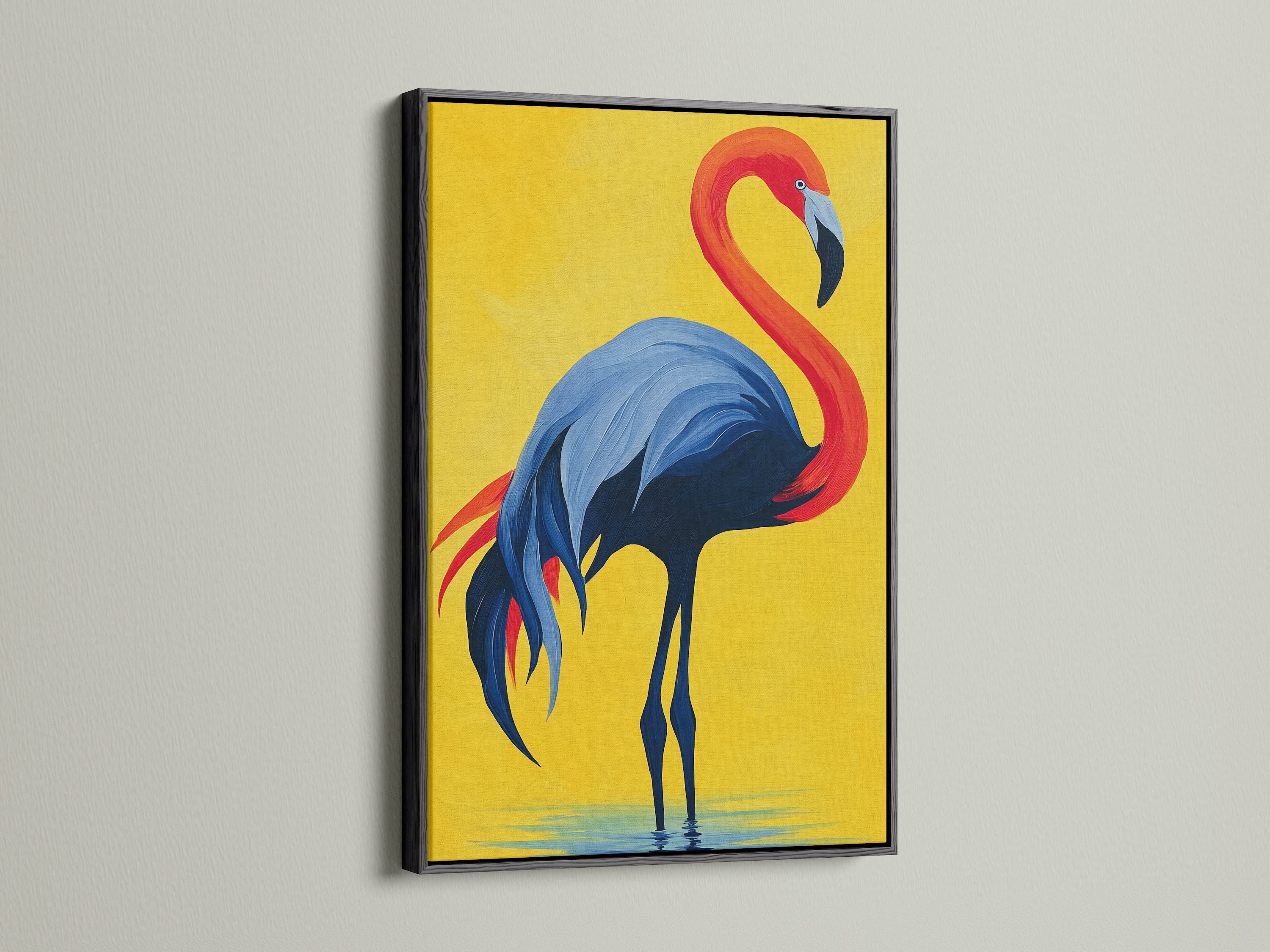 A striking black frame surrounds this flamingo artwork. The contrast enhances the modern bird artwork. This red blue and yellow decor makes a bold statement. A perfect piece for contemporary interiors. Bring a touch of tropical art.