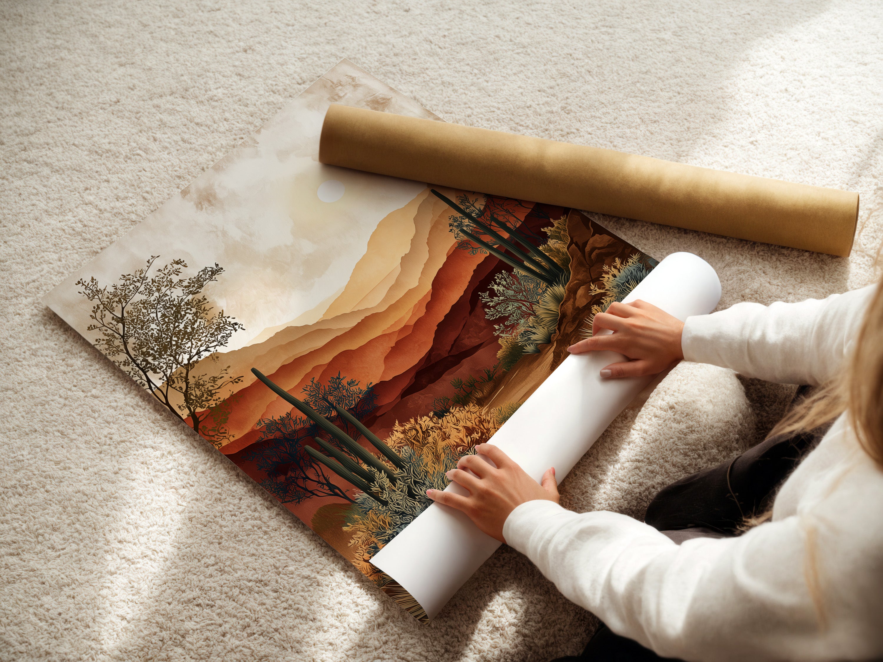 A woman is carefully rolling a fine art poster paper. The poster paper is high-quality. She is ensuring a smooth surface for display. This highlights the care and precision involved. It preserves the integrity of fine art prints. Perfect for art enthusiasts.