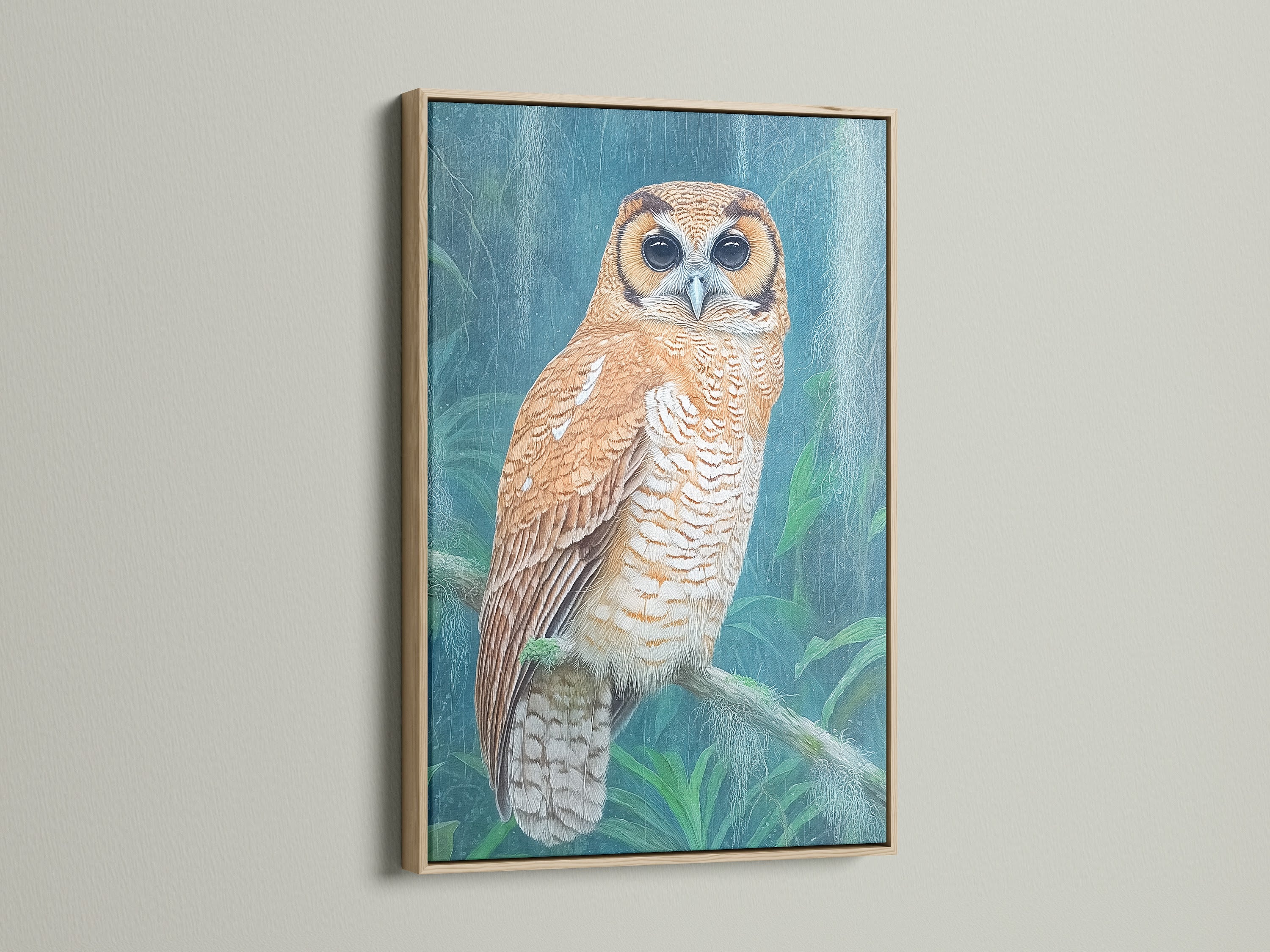 An oak frame showcases a stunning owl artwork. The natural wood complements the wildlife theme. This piece adds a touch of rustic elegance to your space. Ideal for creating a cozy nature-inspired ambiance in any room. It's a perfect gift for those who appreciate fine art and nature.