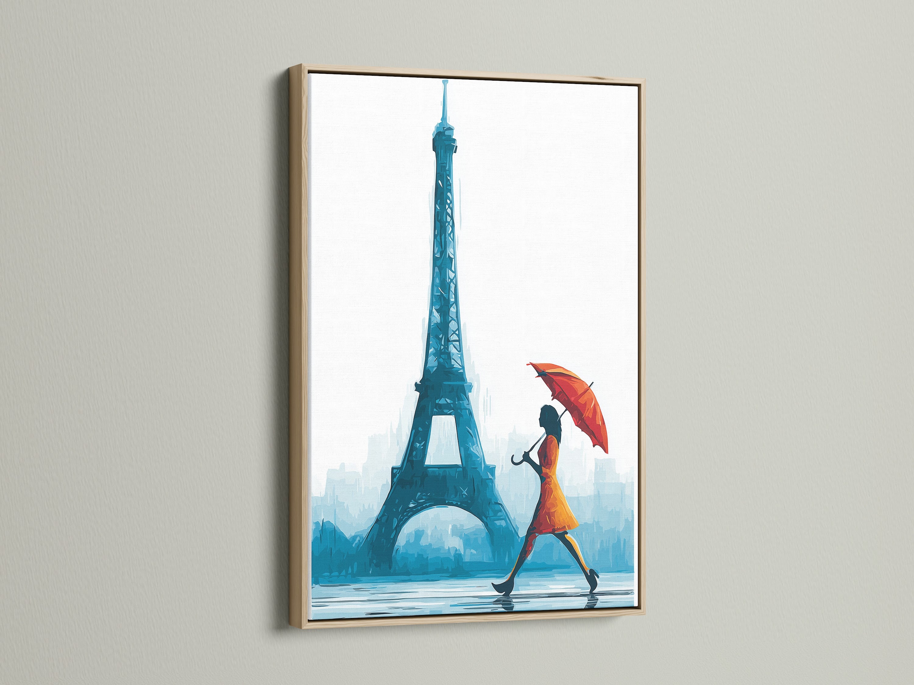 A close-up view of an oak frame. The Parisian woman with an umbrella wall art is showcased. The frame enhances the overall aesthetic of the artwork. Perfect for adding a touch of European charm to your space. Shop now for Eiffel Tower art and Parisian prints. Explore teal blue art and France wall art.