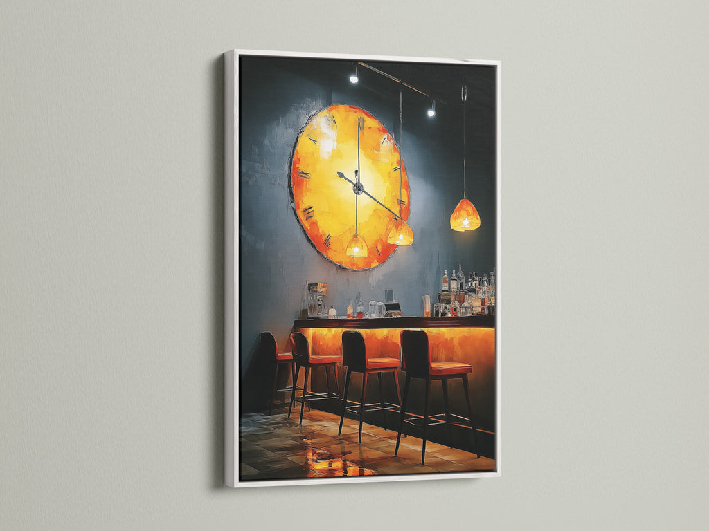 A white frame elegantly displays the bar scene artwork. It is ideal moody restaurant wall art for a chic dining space. This abstract clock artwork is a modern statement piece. It enhances any kitchen bar.
