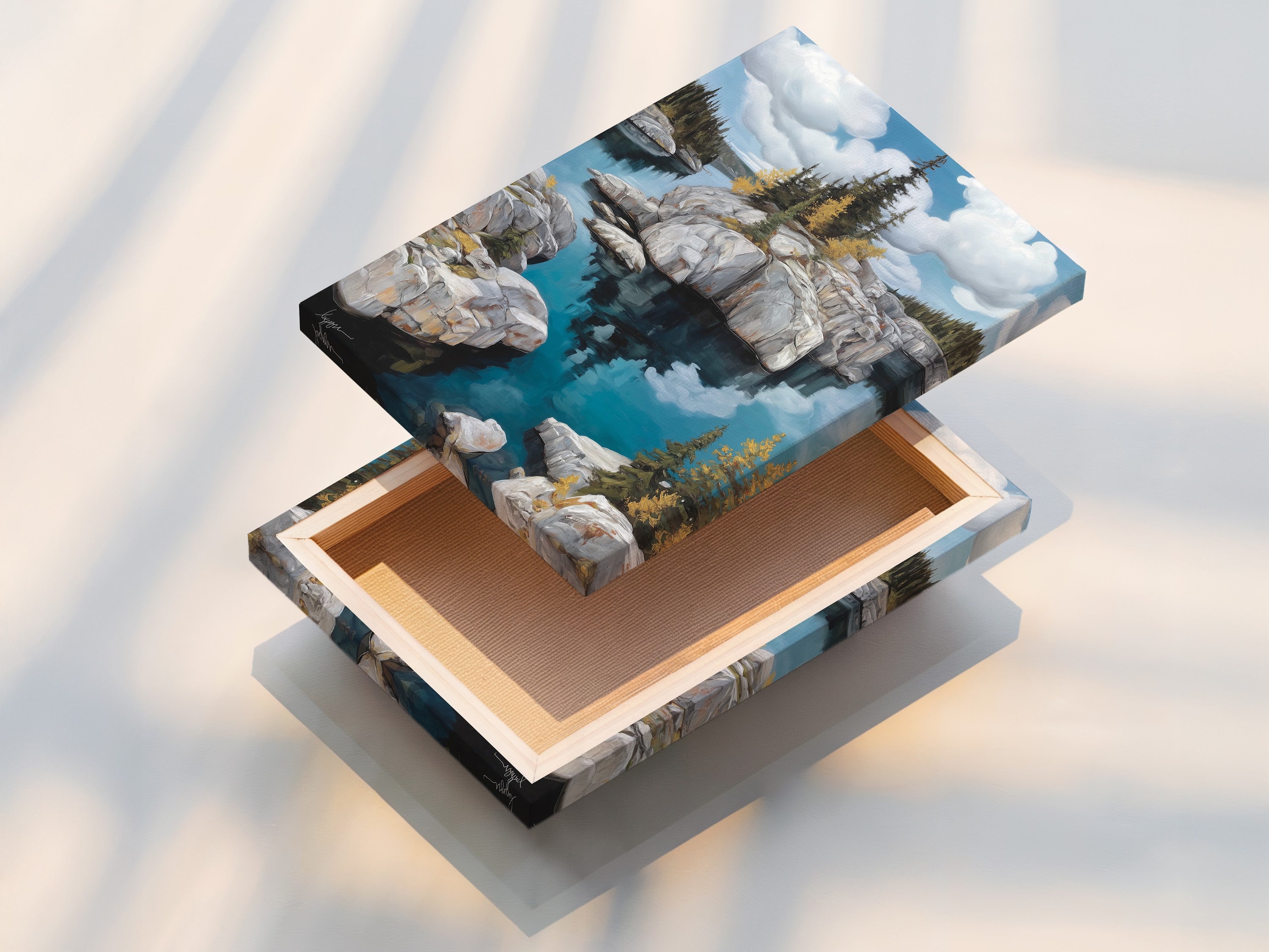 Experience the beauty of a stretched canvas print. The artwork features a stunning lake landscape. Its teal blue hues and rocky island artwork create a captivating focal point. Perfect for adding a touch of nature to your space.