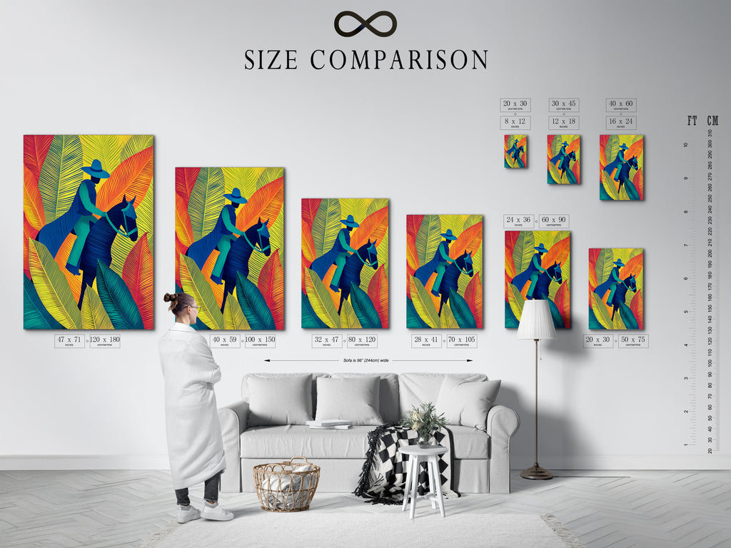 Size comparison chart displayed in an interior setting. See how the equestrian canvas print fits in your home. Visualize the impact of this tropical leaves artwork. Find the perfect size for you.