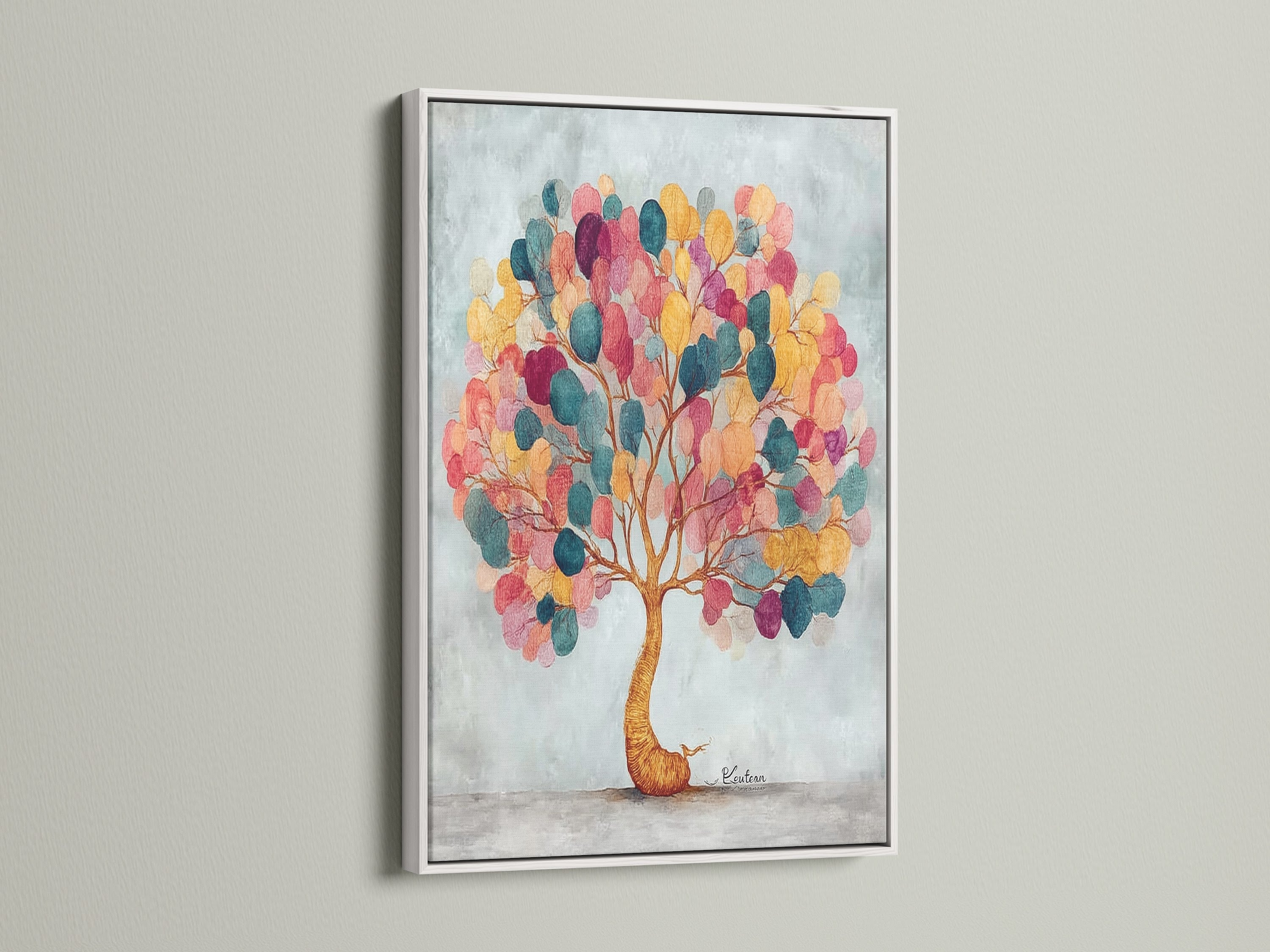The colorful tree artwork is displayed in a white frame. The white frame provides a clean modern look. The abstract wall art will brighten any space. The artwork blends seamlessly. It will complement minimalist and Scandinavian styles.