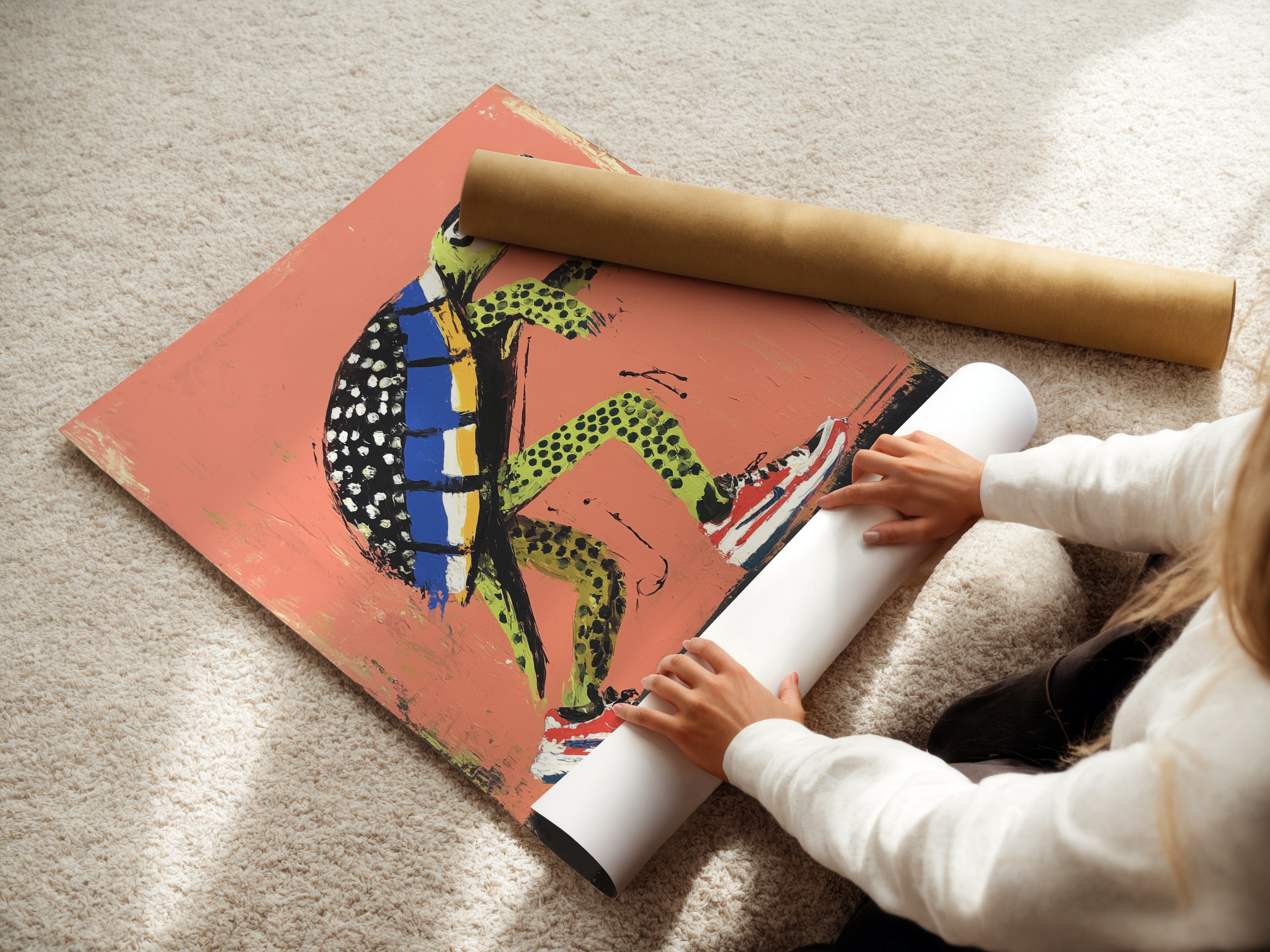 A woman is carefully rolling a fine art poster paper. The turtle skateboard art print is being prepared. This ensures the playful animal artwork arrives in perfect condition. Fine art paper enhances the colors and details. Get ready to add this cool piece to your wall art collection.