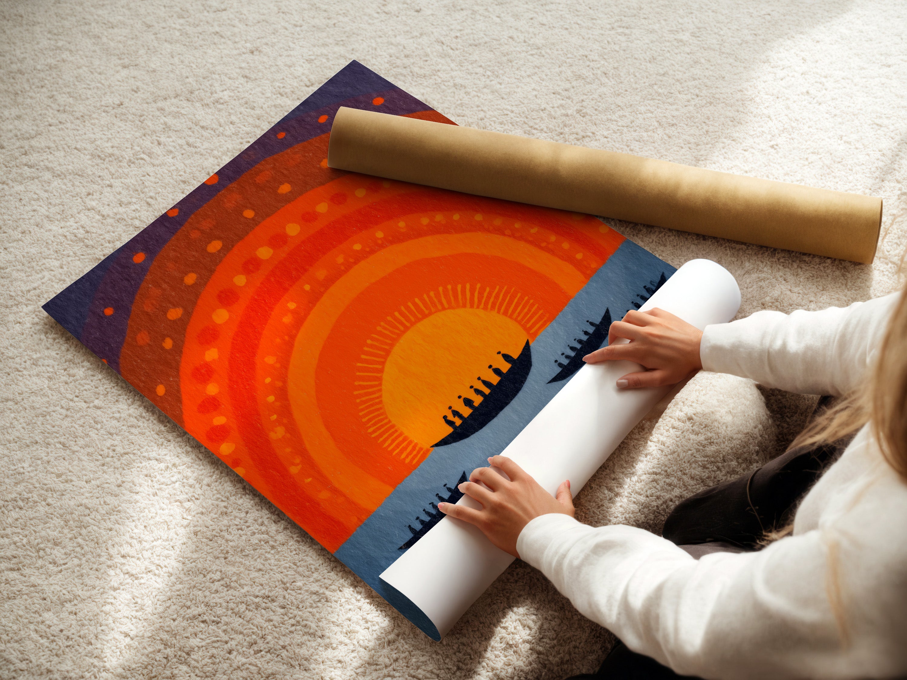 A woman is carefully rolling a fine art poster paper print of the Sunset Boats artwork. This shows the care taken in preparing high-quality prints. Perfect for adding a touch of mid-century modern charm to your space. It's ideal for boho wall art.