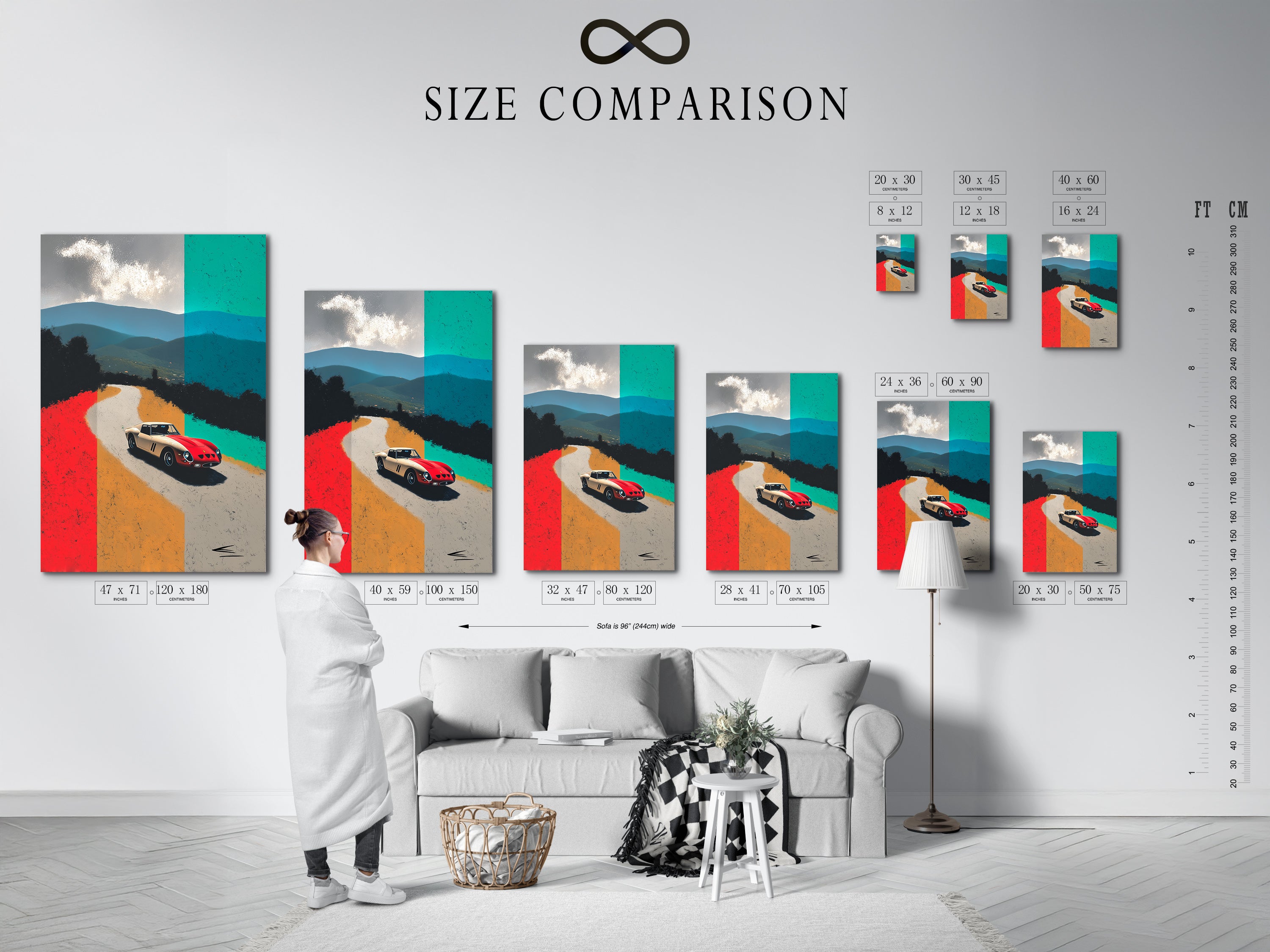 A size comparison chart displayed in an interior setting. The chart shows available sizes for the vintage sports car artwork. Choose the perfect size to complement your space. Options include fine art poster paper and stretched canvas. Enhance your home today.