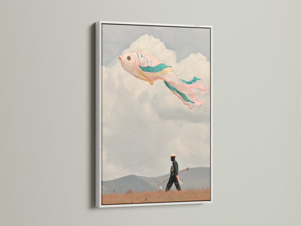 This surreal flying fish artwork is showcased in a white frame. It adds a touch of whimsy and peace to any space. The artwork features a fish floating in the sky. This piece is great for bedroom decor. The clean white frame enhances the artwork's dreamlike aesthetic. Perfect for coastal minimalist or eclectic styles.