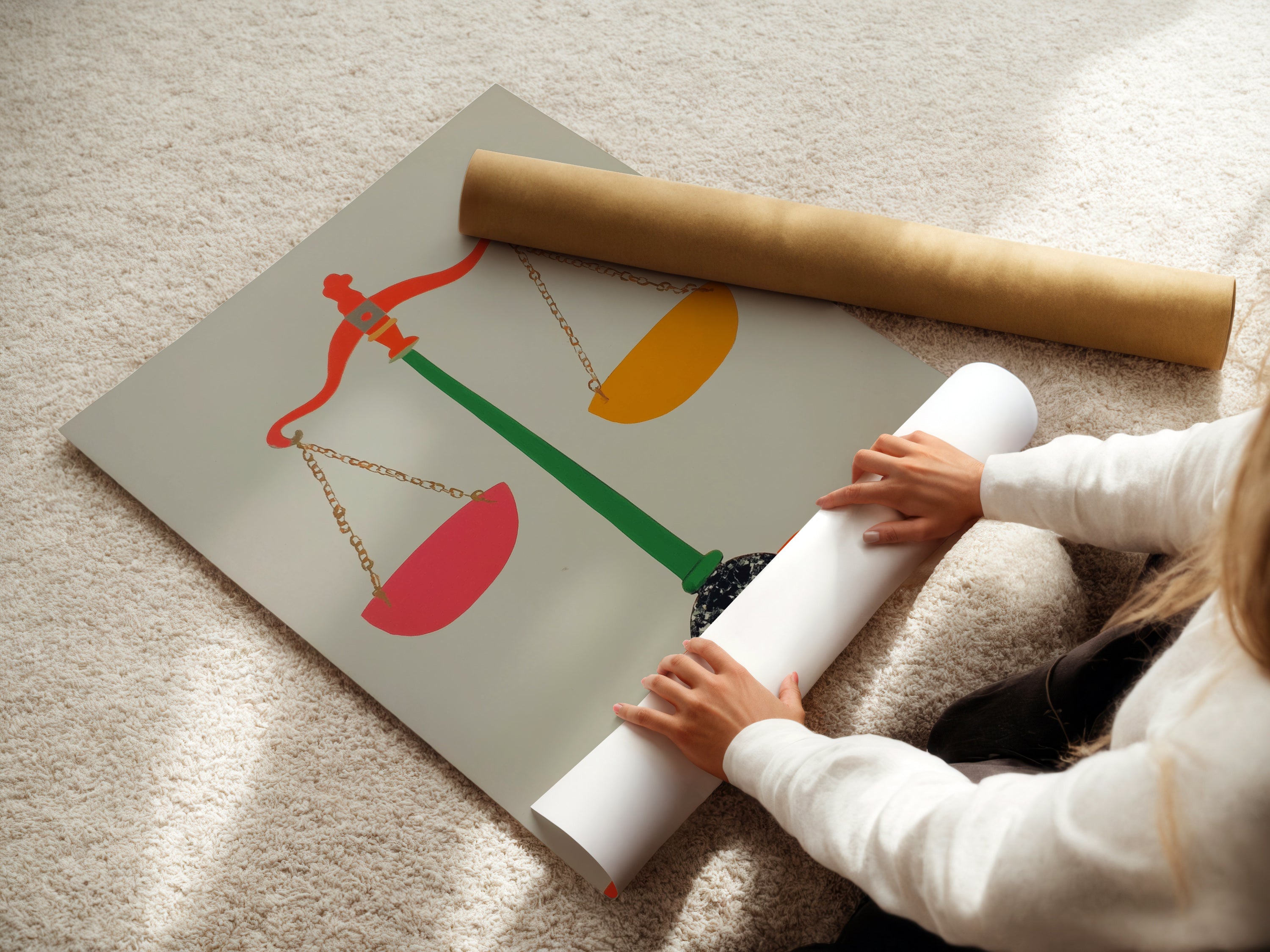 A woman carefully rolling a fine art poster paper print of the Justice Scales art. The fine art paper enhances the colors and details of the artwork. Perfect for creating high-quality legal theme prints.