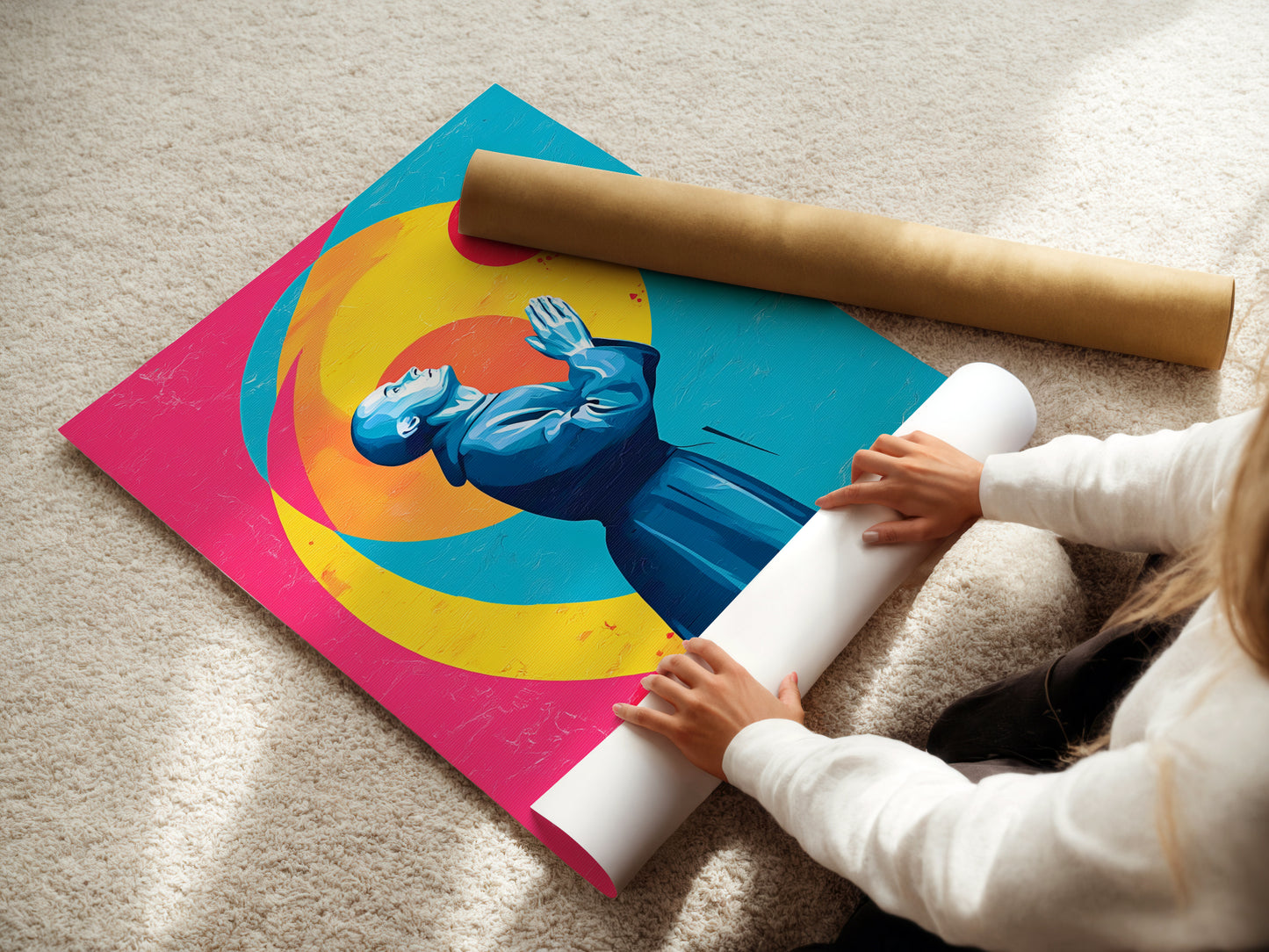 Woman carefully rolling a fine art poster paper of the Praying Figure. This religious poster is ready to be framed. The spiritual artwork is perfect for any room. The teal blue and pink colors offer a modern look.