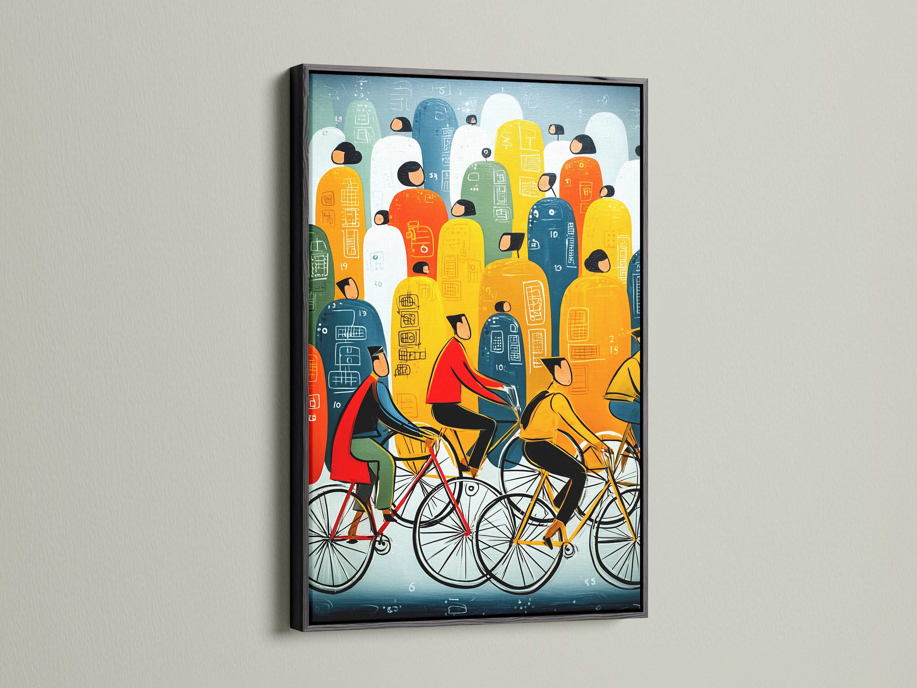 Bicycle Riders Canvas Print in a black frame. Abstract city wall art. The black frame adds a bold contrast. Colorful commute artwork for office decor. This piece makes a statement in any room. Ideal for office wall decor.