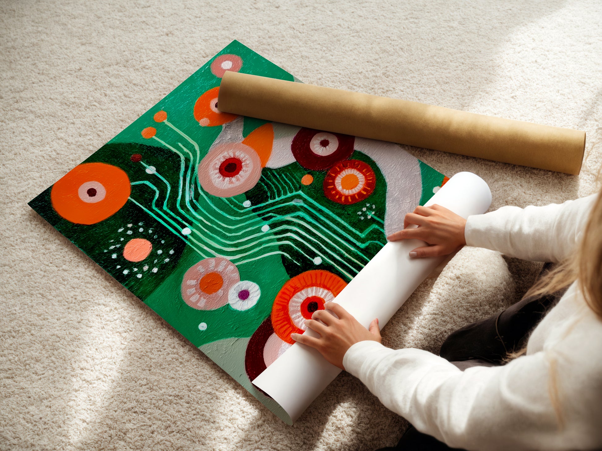 A woman is carefully rolling a fine art poster paper. The paper features modern abstract art. With retro geometric designs and a colorful mid-century print. Perfect for creating stunning artwork. Ideal for office decor and contemporary art displays.