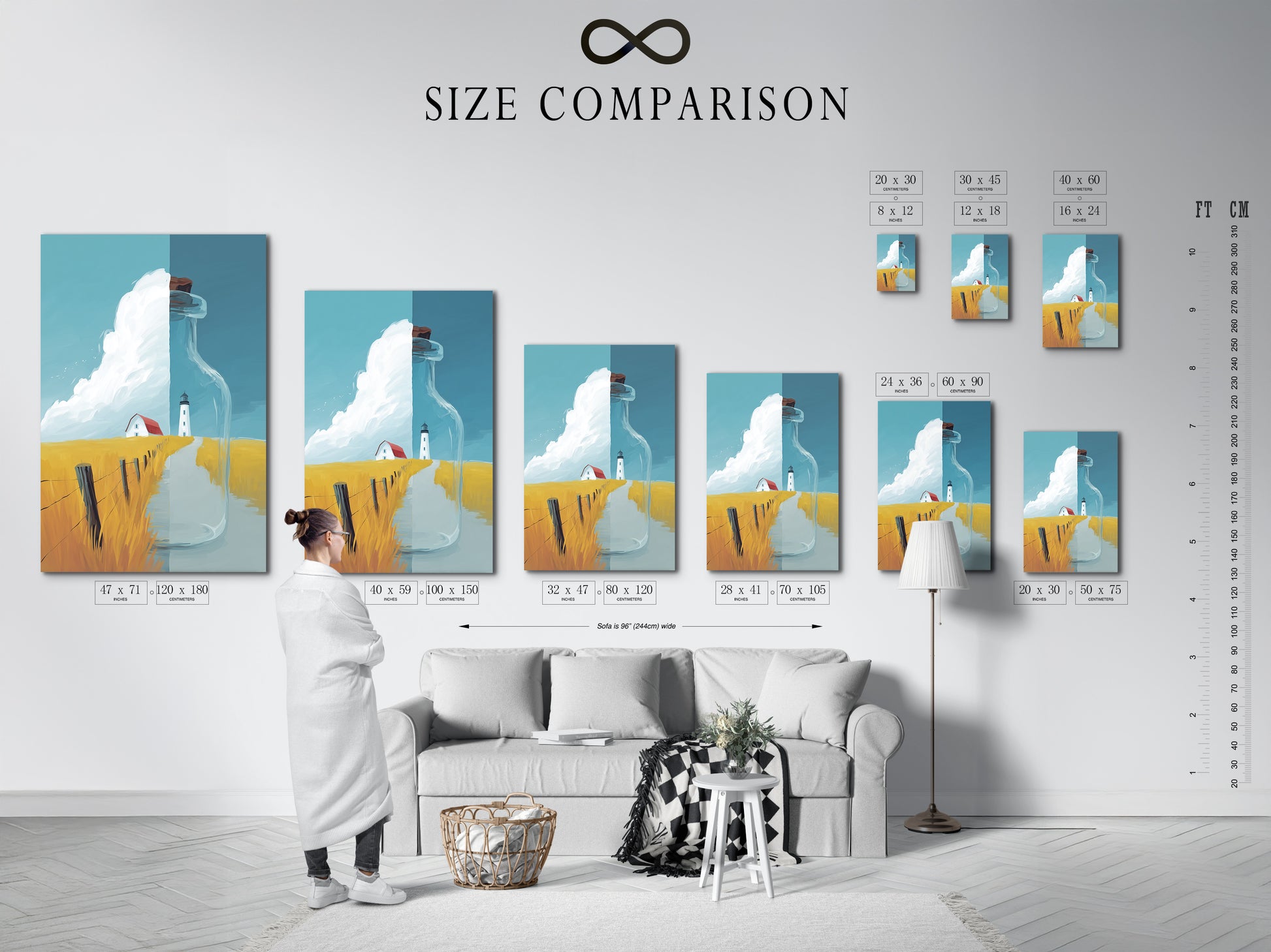 A size comparison chart in an interior setting showcases the Coastal Lighthouse artwork. This chart helps visualize the artwork's dimensions in a real space. Choose the perfect size for your living room bedroom or entryway decor.