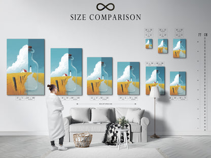 A size comparison chart in an interior setting showcases the Coastal Lighthouse artwork. This chart helps visualize the artwork's dimensions in a real space. Choose the perfect size for your living room bedroom or entryway decor.