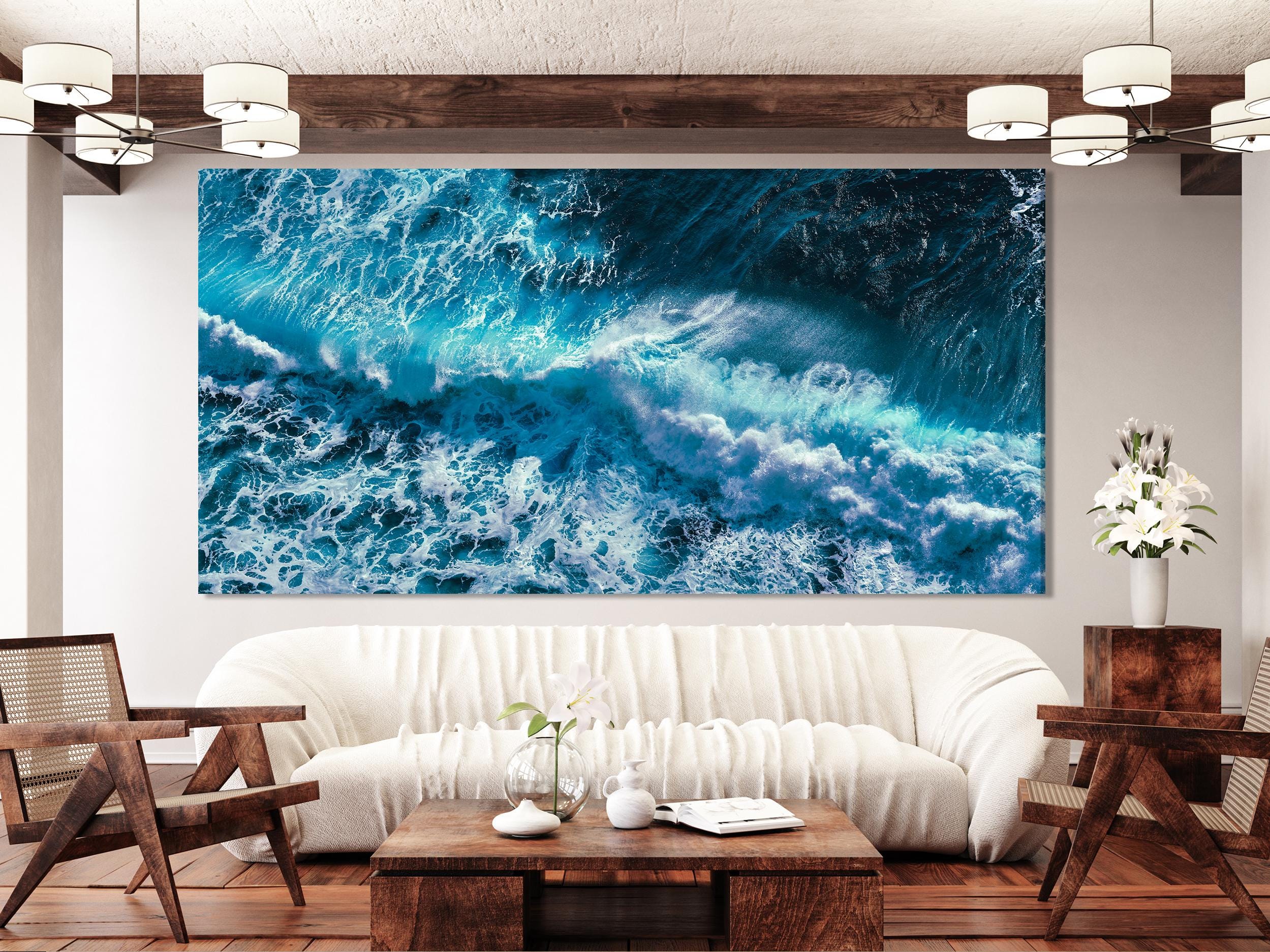 Vibrant ocean wave wall art capturing swirling turquoise waters from an aerial perspective, perfectly suited as a refreshing canvas print painting for contemporary coastal artwork.
