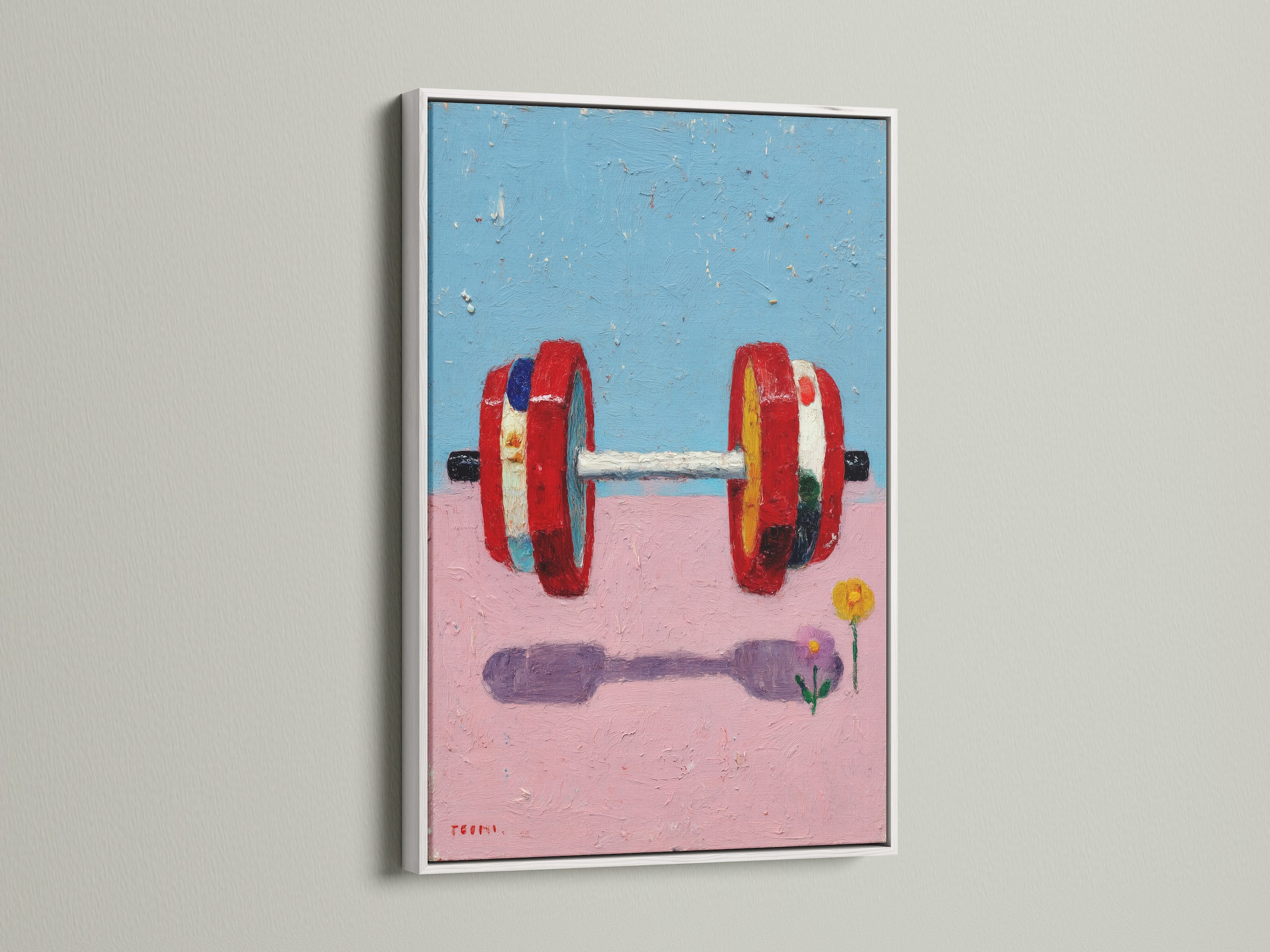 This fitness art print is framed in a clean white frame. The colorful dumbbell artwork is perfect for a modern gym wall decor. It adds a fresh and motivating touch to any workout space. The abstract design features a pink and blue color palette. It is available as a canvas or print.