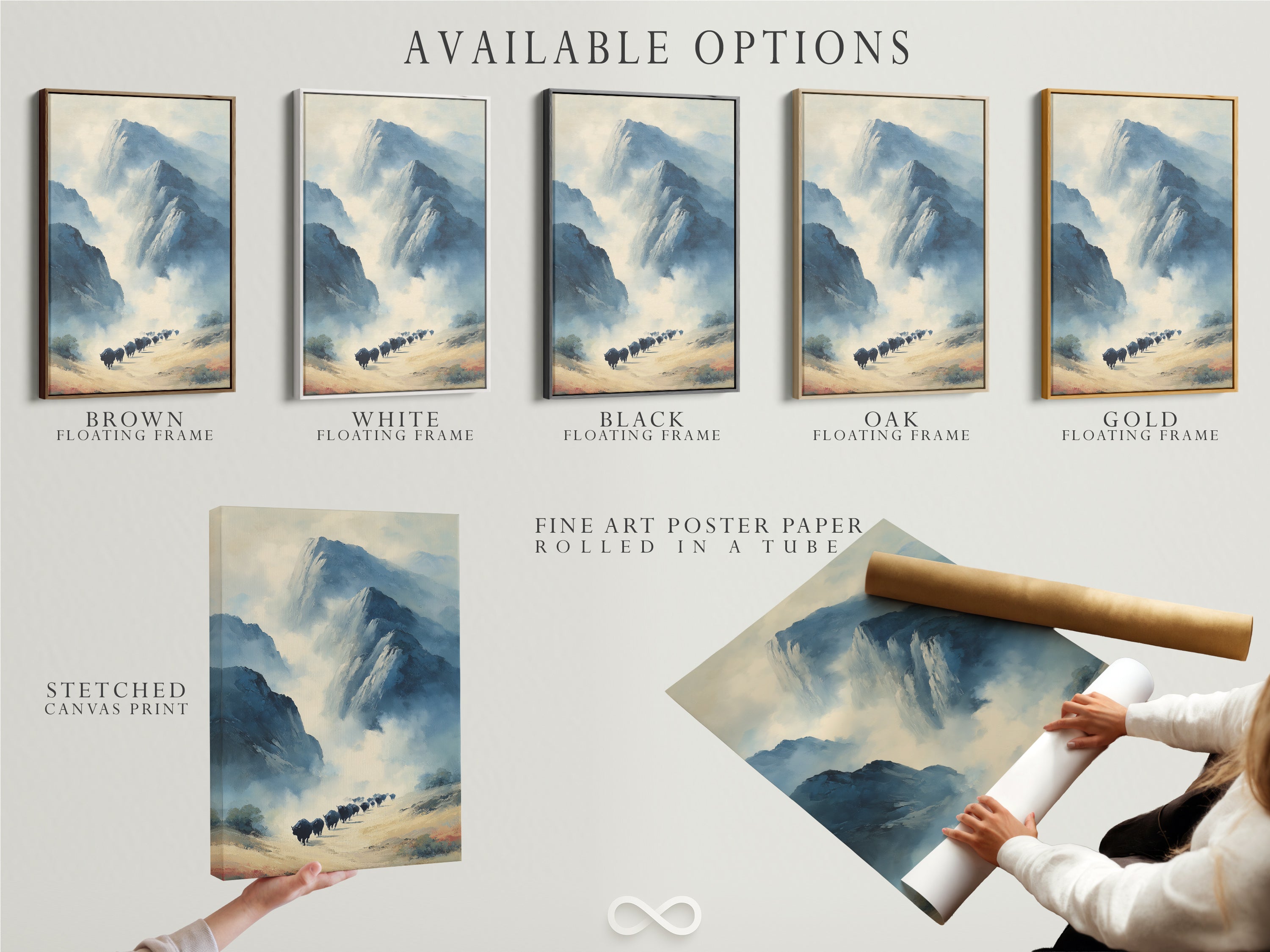 Explore available options for your artwork. Choose between stretched canvas print fine art poster paper or floating frame. Each option enhances your buffalo art. The mountain landscape print looks stunning in any format. Select the perfect style for your decor. Customize your animal wall art to suit your taste. Personalize your space with beautiful artwork.