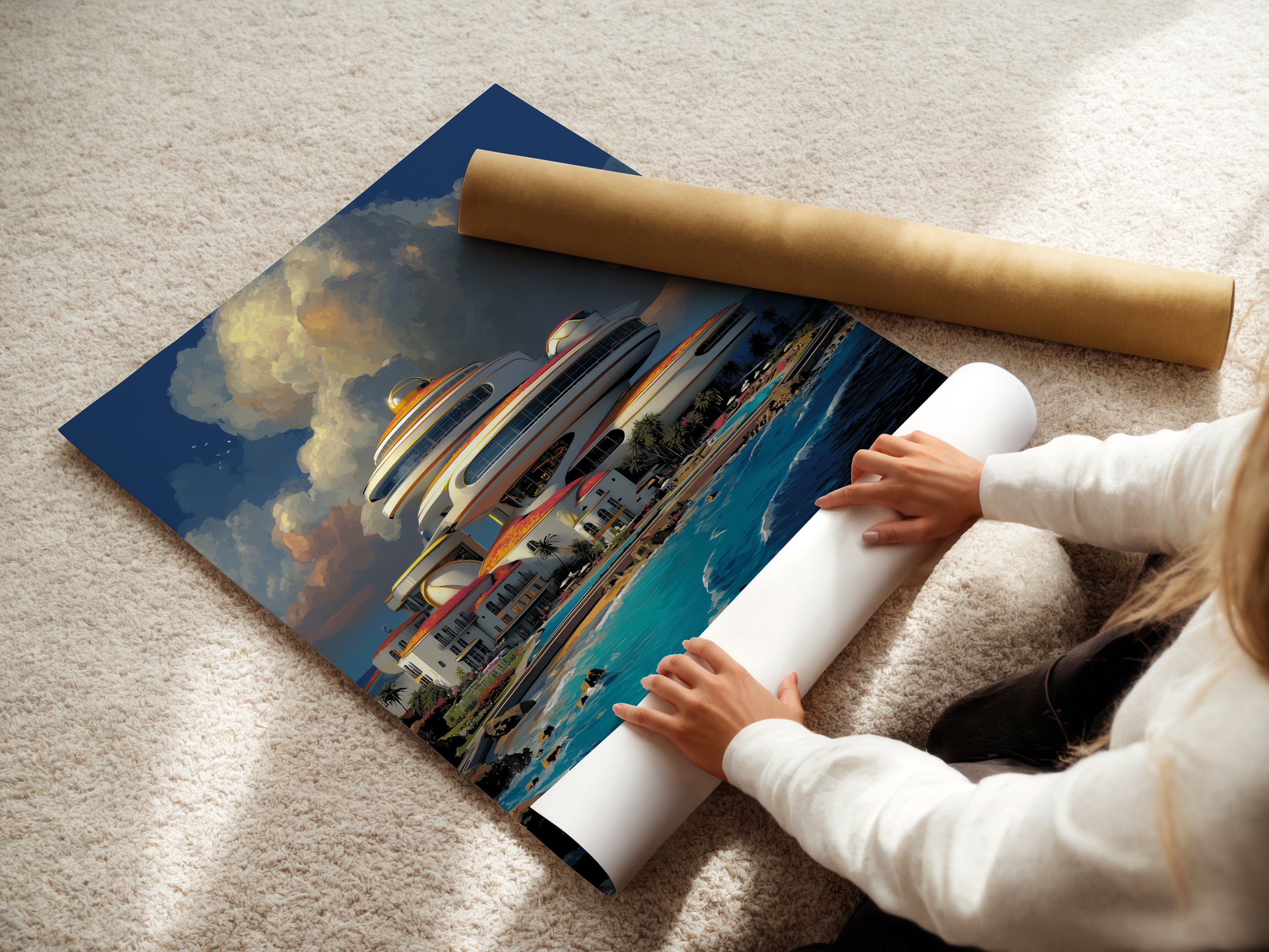 A woman is carefully rolling a fine art poster paper. The poster features Futuristic Architecture. It's perfect for modern coastal art enthusiasts. Ideal for those seeking to add a touch of sci-fi decor to their space with contemporary art.