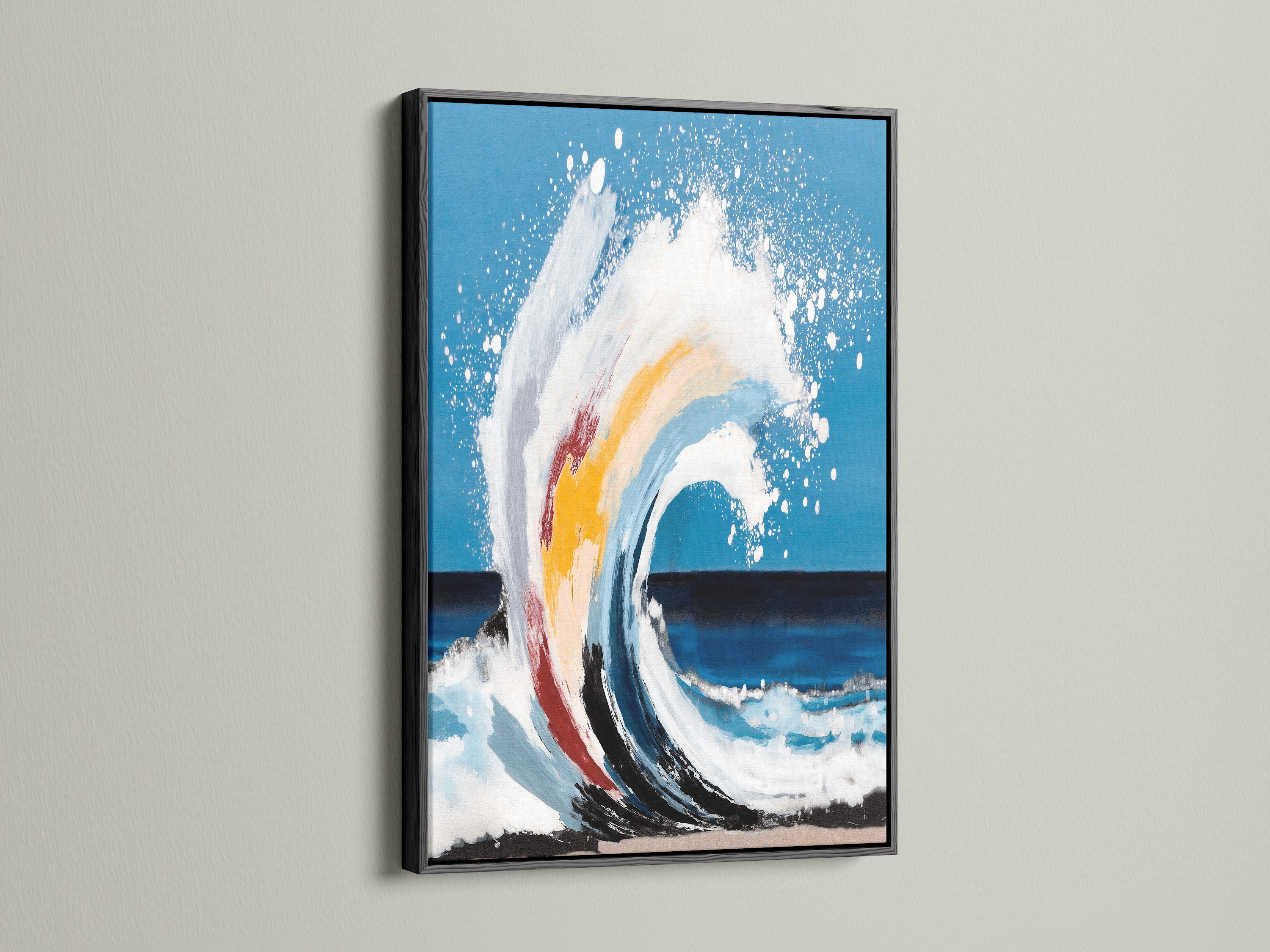 A black frame provides a bold contrast to the ocean wave canvas print. This frame makes the teal blue abstract seascape pop. Enhance your beach house decor with this striking coastal artwork. This is great for any room.