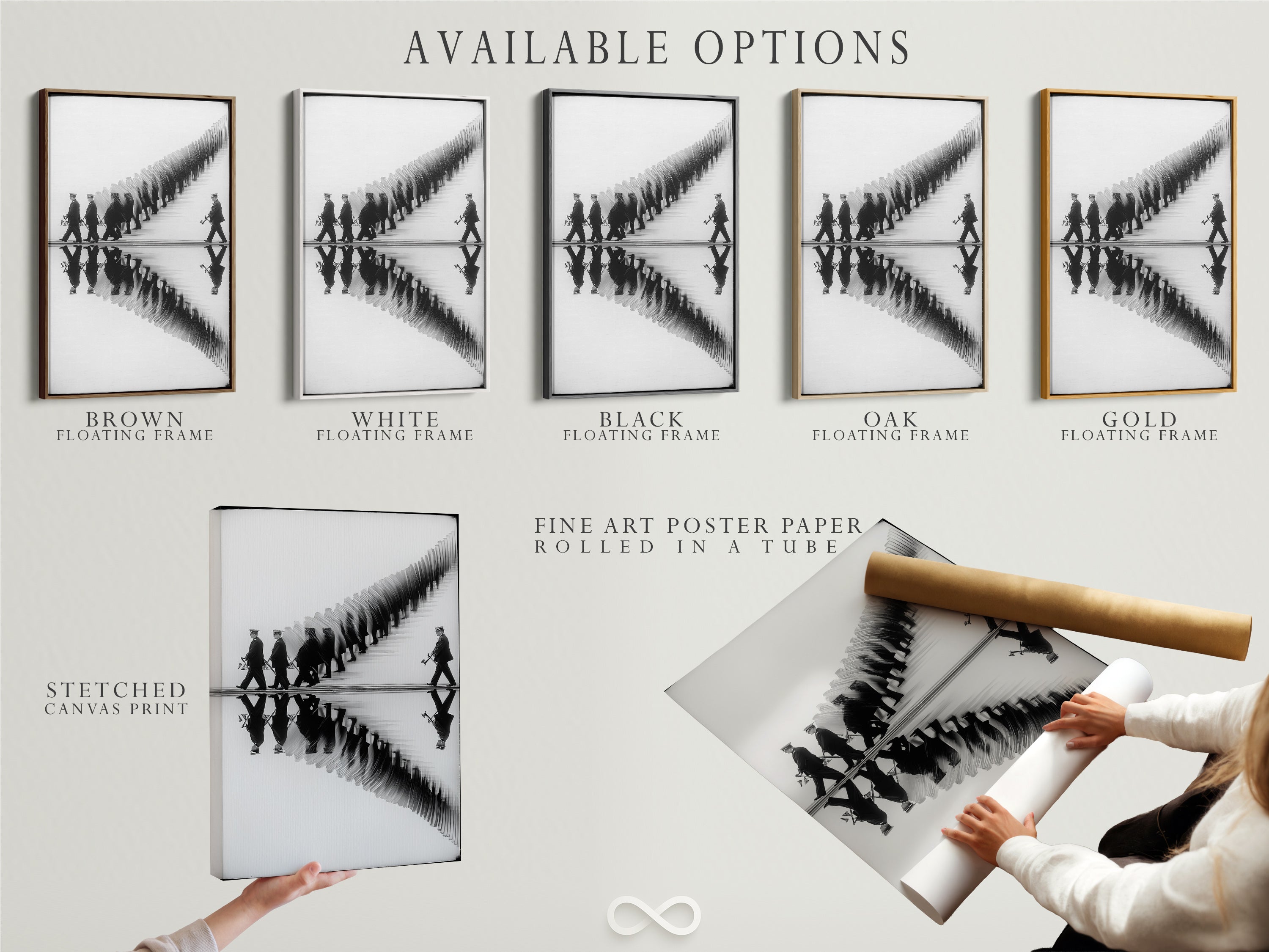 Explore available options for this marching band artwork. Choose from stretched canvas print fine art poster paper or floating frame. The black and white reflection art suits any style. Ideal for office wall art study decor and music rooms. Customize your perfect piece today.