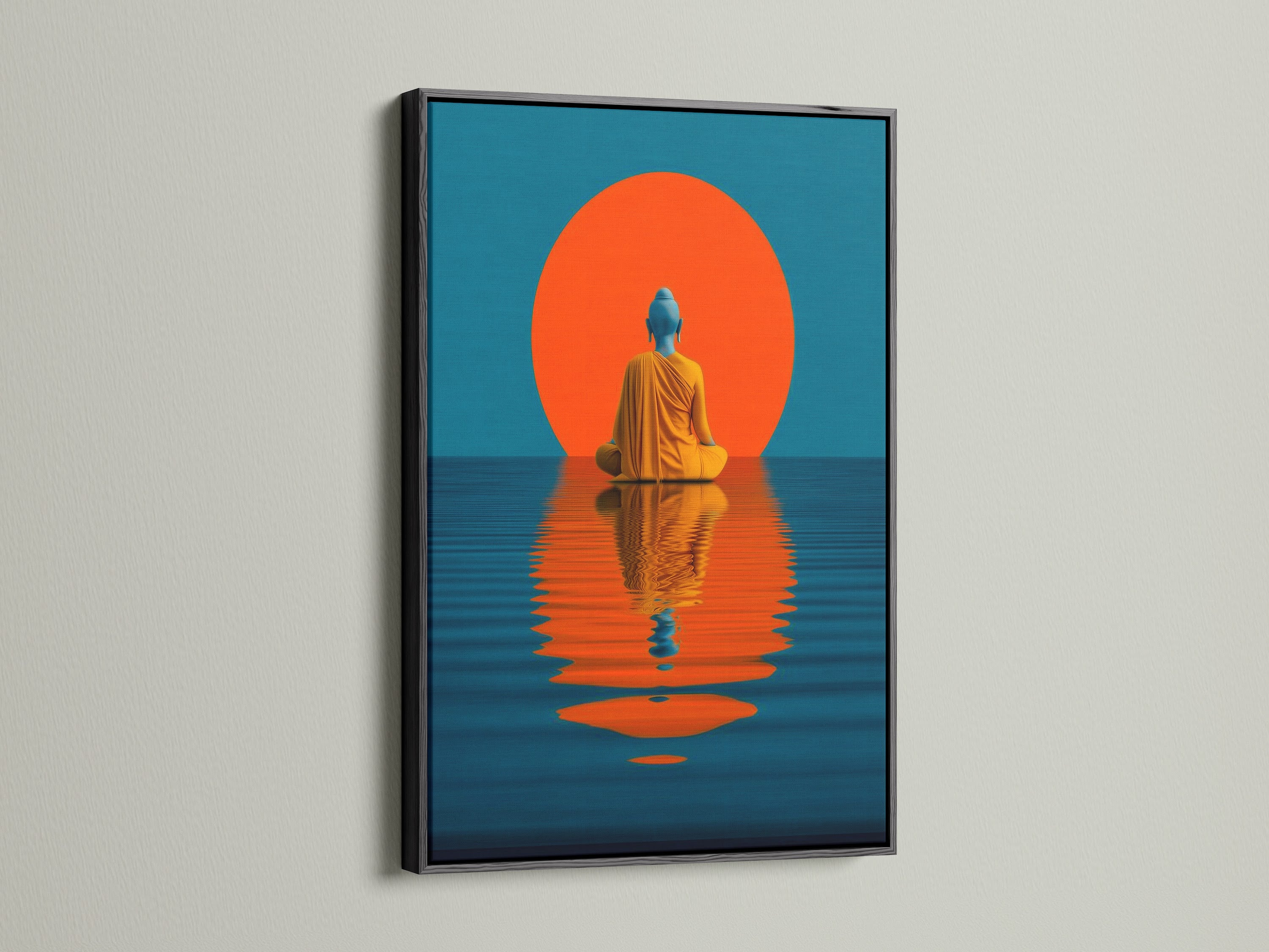 The teal and orange Buddha artwork is showcased in a sleek black frame. This contemporary wall decor is ideal for modern interiors. The artwork adds a touch of zen to living rooms studios and clinics. Its spiritual theme makes it a thoughtful gift.