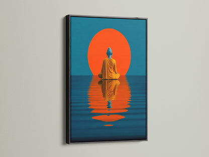 The teal and orange Buddha artwork is showcased in a sleek black frame. This contemporary wall decor is ideal for modern interiors. The artwork adds a touch of zen to living rooms studios and clinics. Its spiritual theme makes it a thoughtful gift.