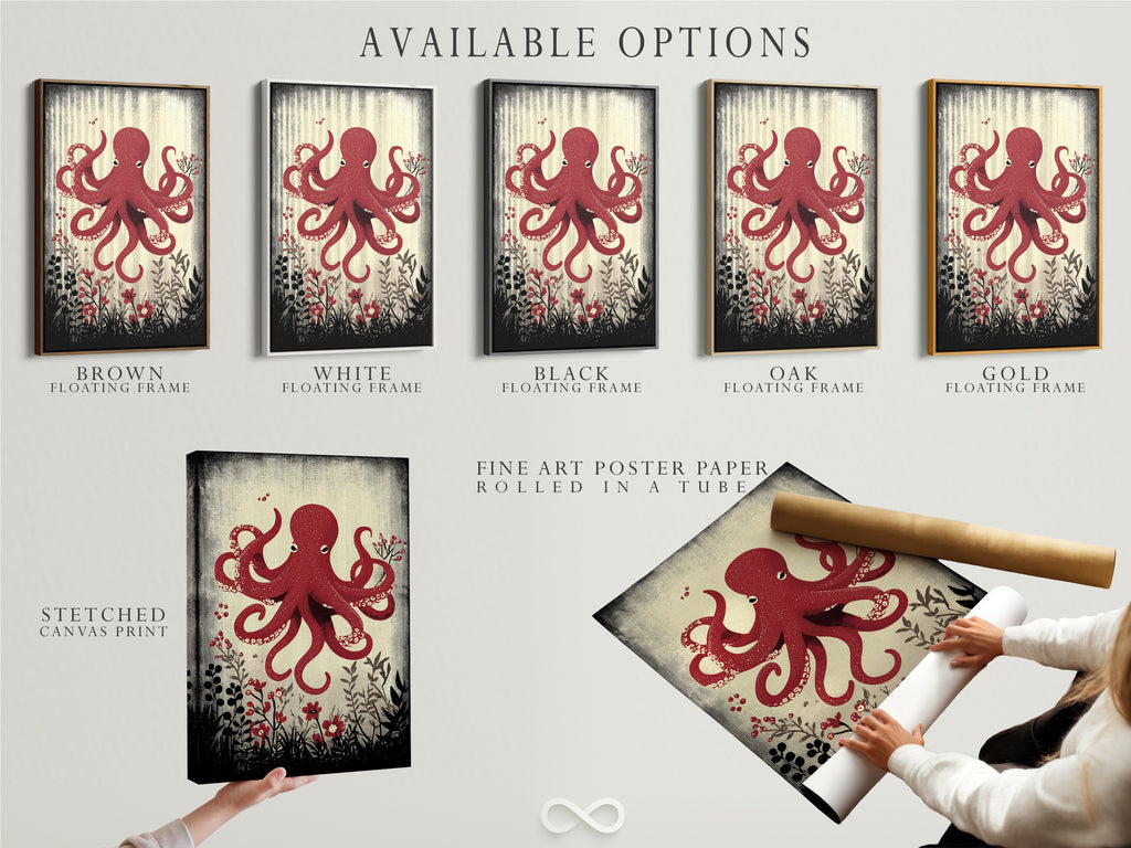Available options for the red octopus artwork are showcased. Choose from a stretched canvas print fine art poster paper or floating frame. Customize your art to match your style. Transform your space now.