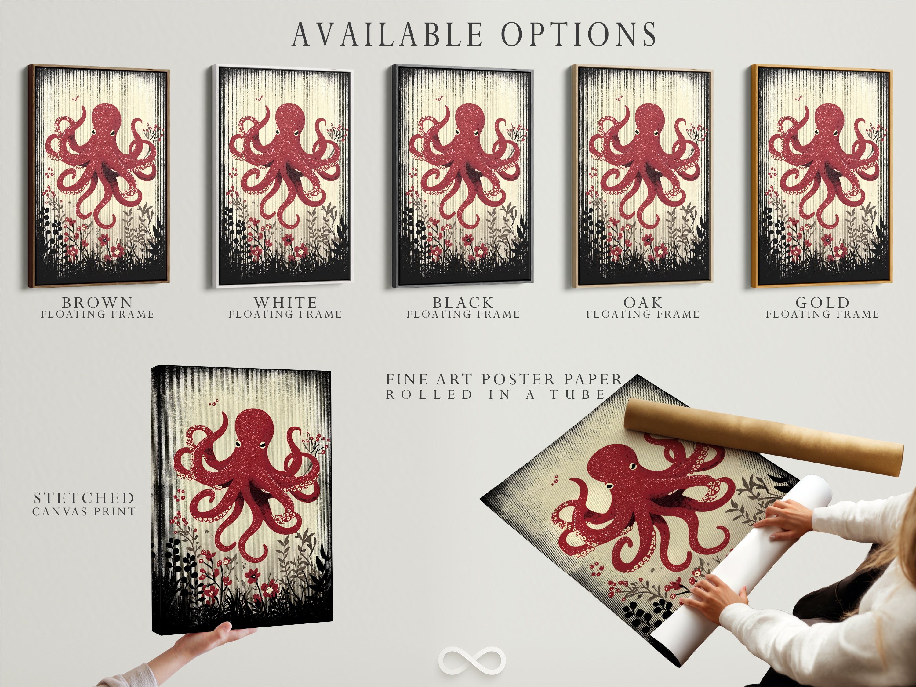 Available options for the red octopus artwork are showcased. Choose from a stretched canvas print fine art poster paper or floating frame. Customize your art to match your style. Transform your space now.