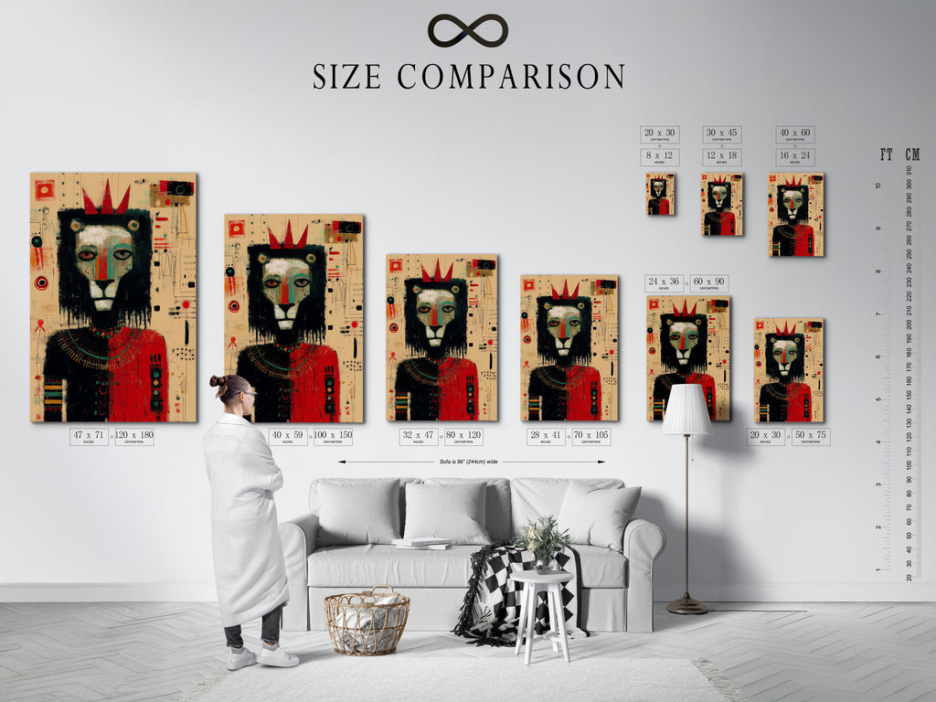 A size comparison chart is featured in an interior setting. Visualize the perfect dimensions for your artwork with this helpful guide. Choose the ideal size to create a stunning focal point in your home. Get the right size.