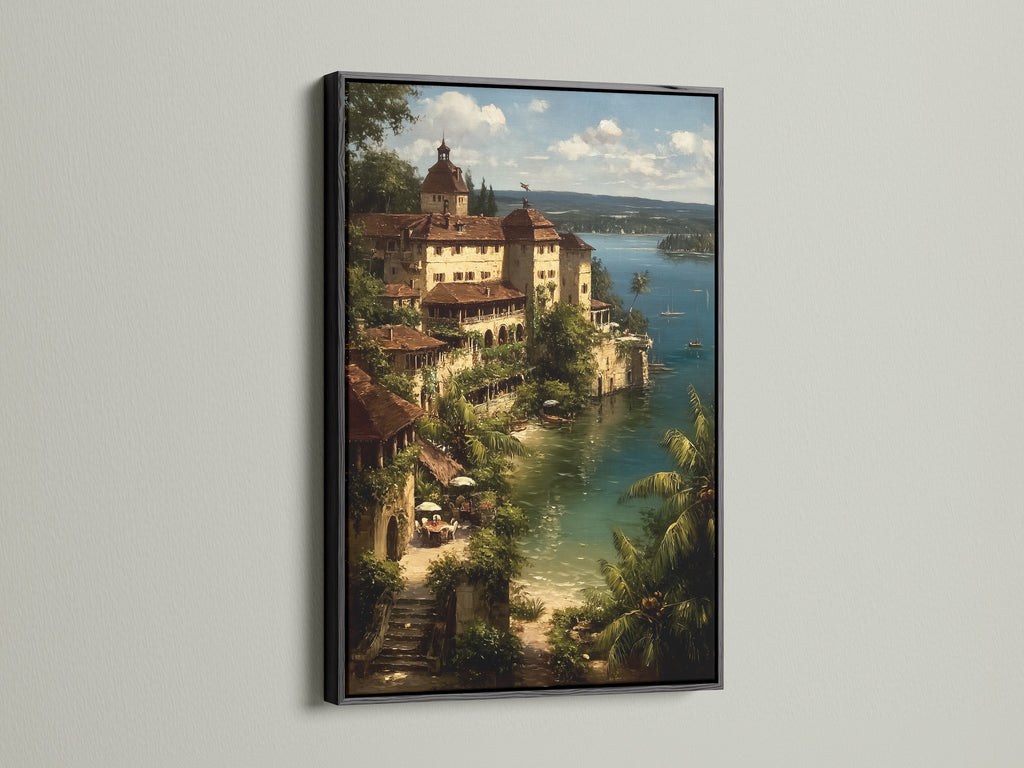 A striking black frame highlights this captivating coastal village artwork. The Mediterranean Sea wall art adds a touch of vintage Italian Riviera elegance to your decor. The black frame provides a bold contrast. This is ideal for modern and traditional spaces.