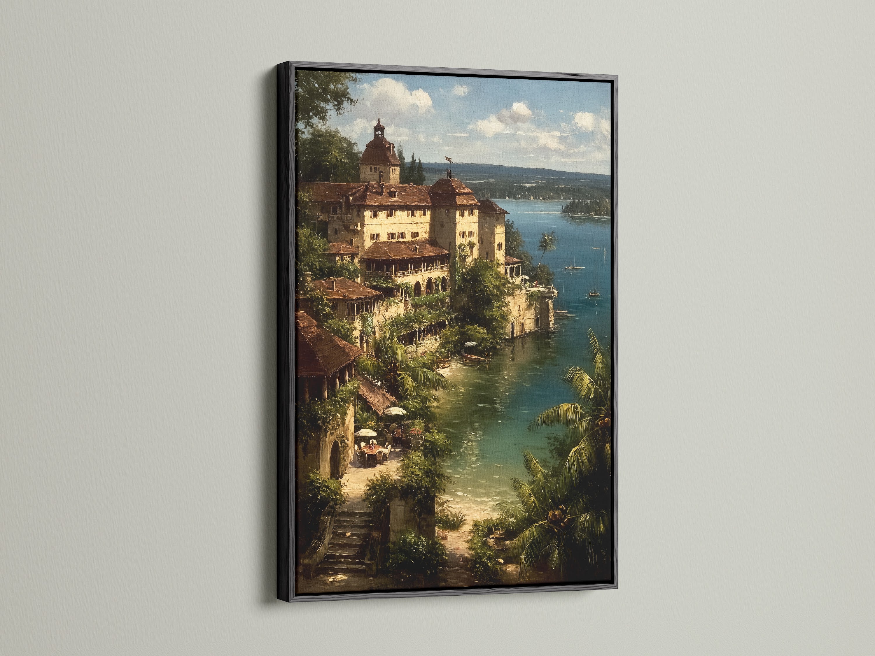 A striking black frame highlights this captivating coastal village artwork. The Mediterranean Sea wall art adds a touch of vintage Italian Riviera elegance to your decor. The black frame provides a bold contrast. This is ideal for modern and traditional spaces.