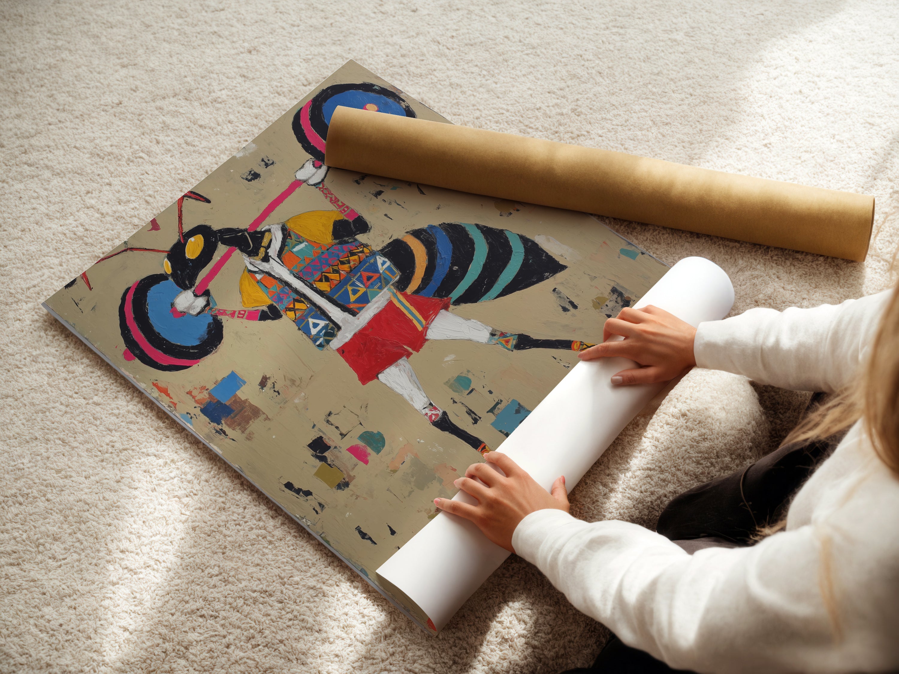 A woman is carefully rolling a fine art poster paper. The poster features weightlifter art. This retro gym wall art is perfect for home gym decor. The vintage fitness canvas print adds a unique touch. Ideal for contemporary eclectic or minimalist styles. The beige primary color complements any space. This fitness art print provides workout motivation.